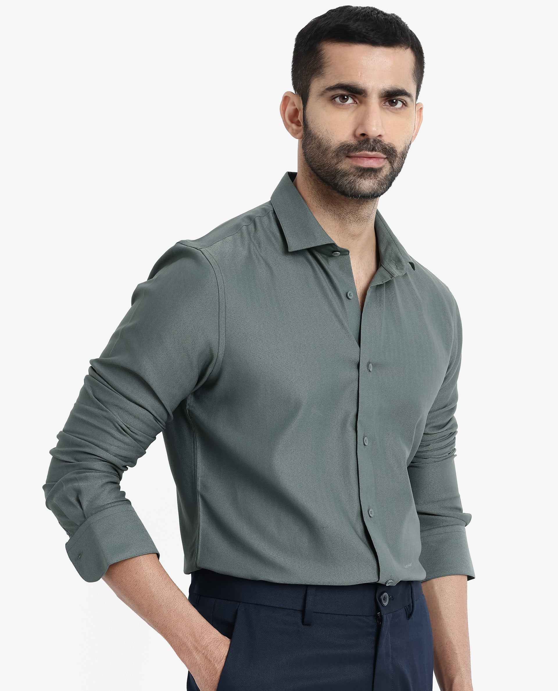 Rare Rabbit Men Mer Dusky Green Viscose Polyester Lycra Fabric Full Sleeve Button Closure Regular Fit Herringbone Textured Shirt