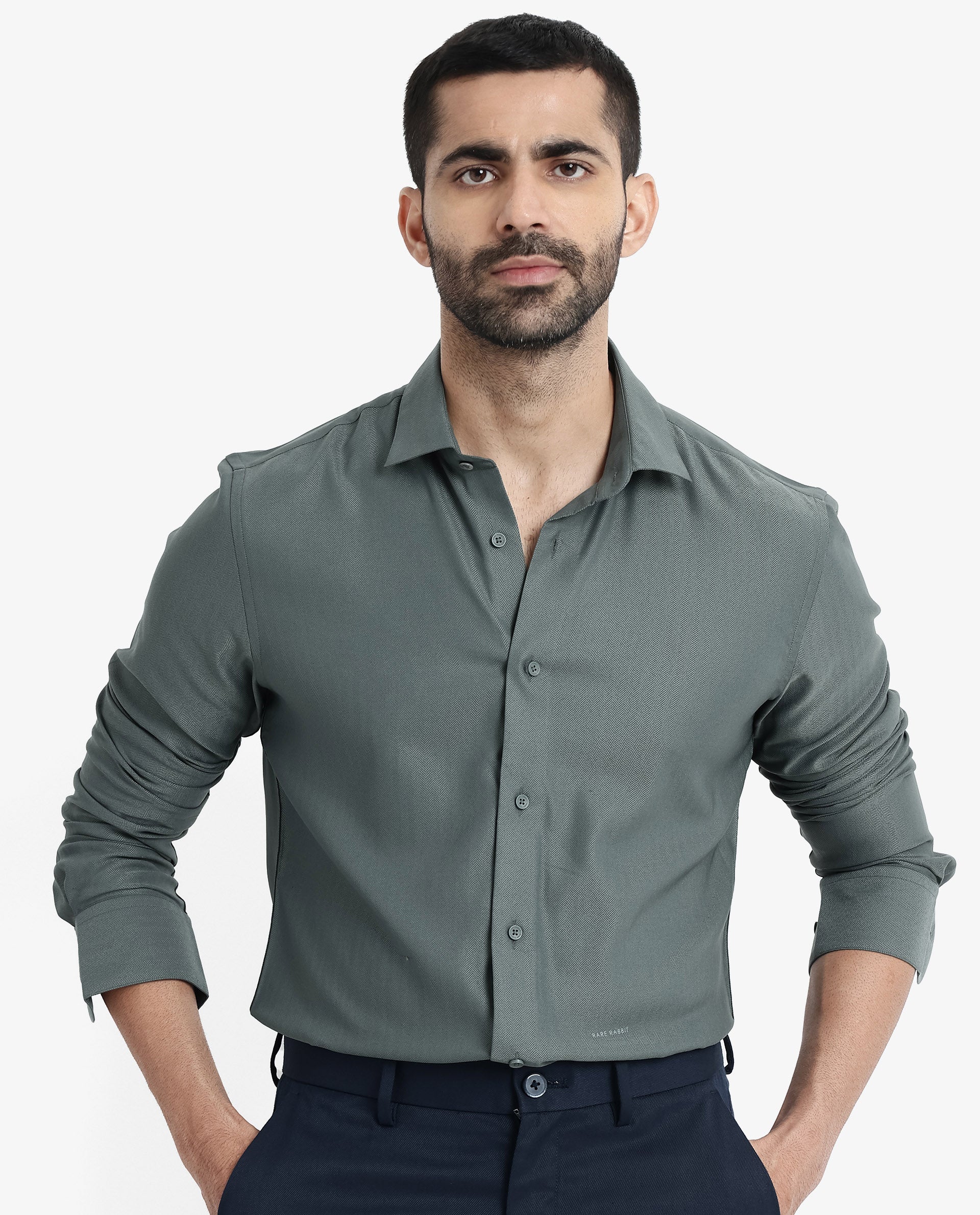 Rare Rabbit Men Mer Dusky Green Viscose Polyester Lycra Fabric Full Sleeve Button Closure Regular Fit Herringbone Textured Shirt