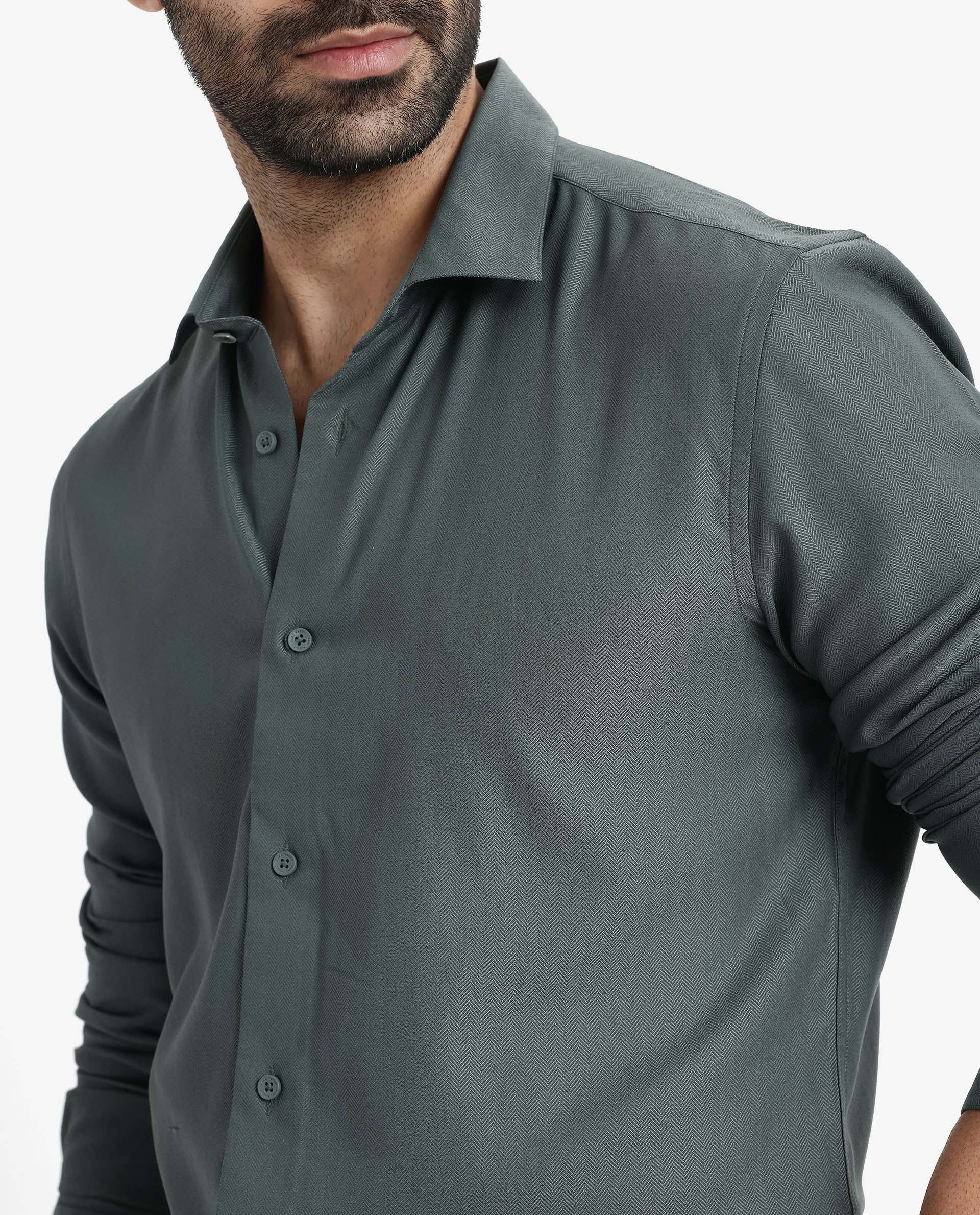 Rare Rabbit Men Mer Dusky Green Viscose Polyester Lycra Fabric Full Sleeve Button Closure Regular Fit Herringbone Textured Shirt