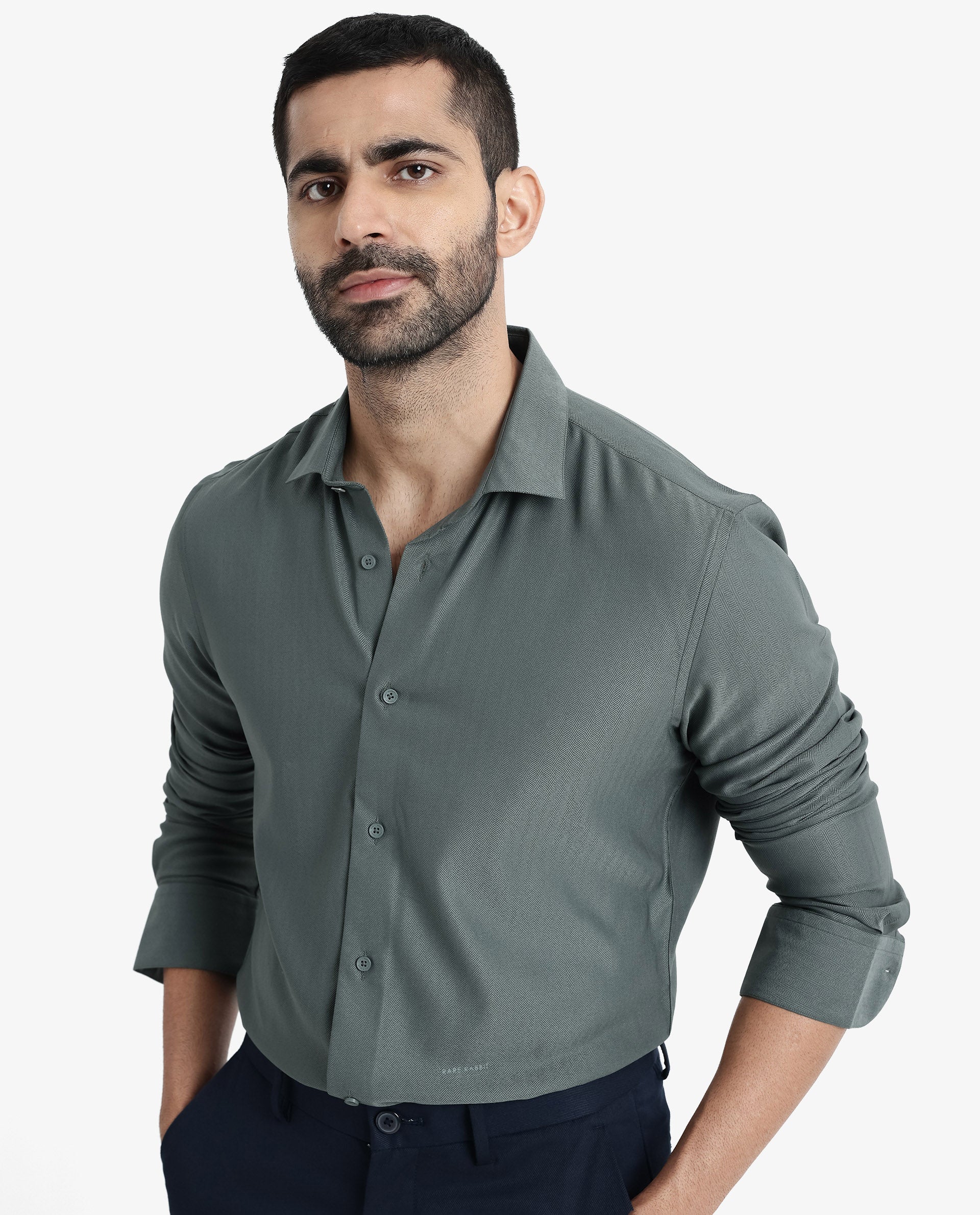 Rare Rabbit Men Mer Dusky Green Viscose Polyester Lycra Fabric Full Sleeve Button Closure Regular Fit Herringbone Textured Shirt