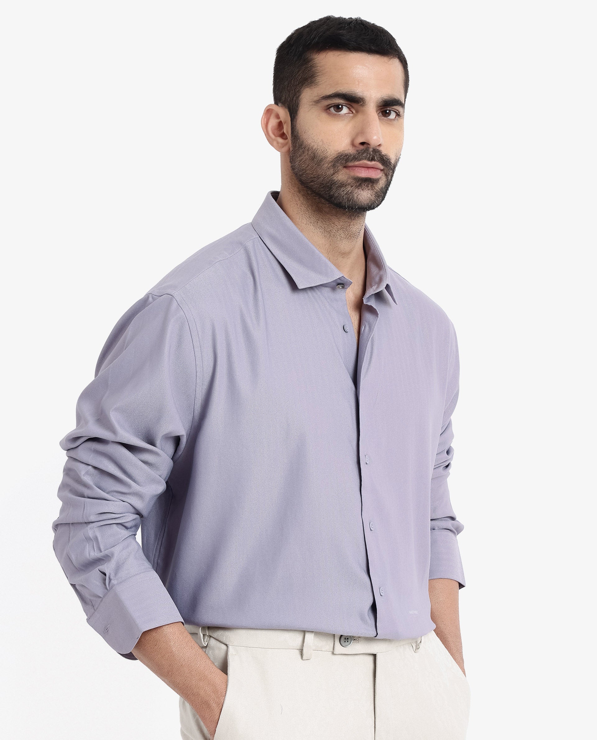 Rare Rabbit Men Mer Dusky Purple Viscose Polyester Lycra Fabric Full Sleeve Button Closure Regular Fit Herringbone Textured Shirt