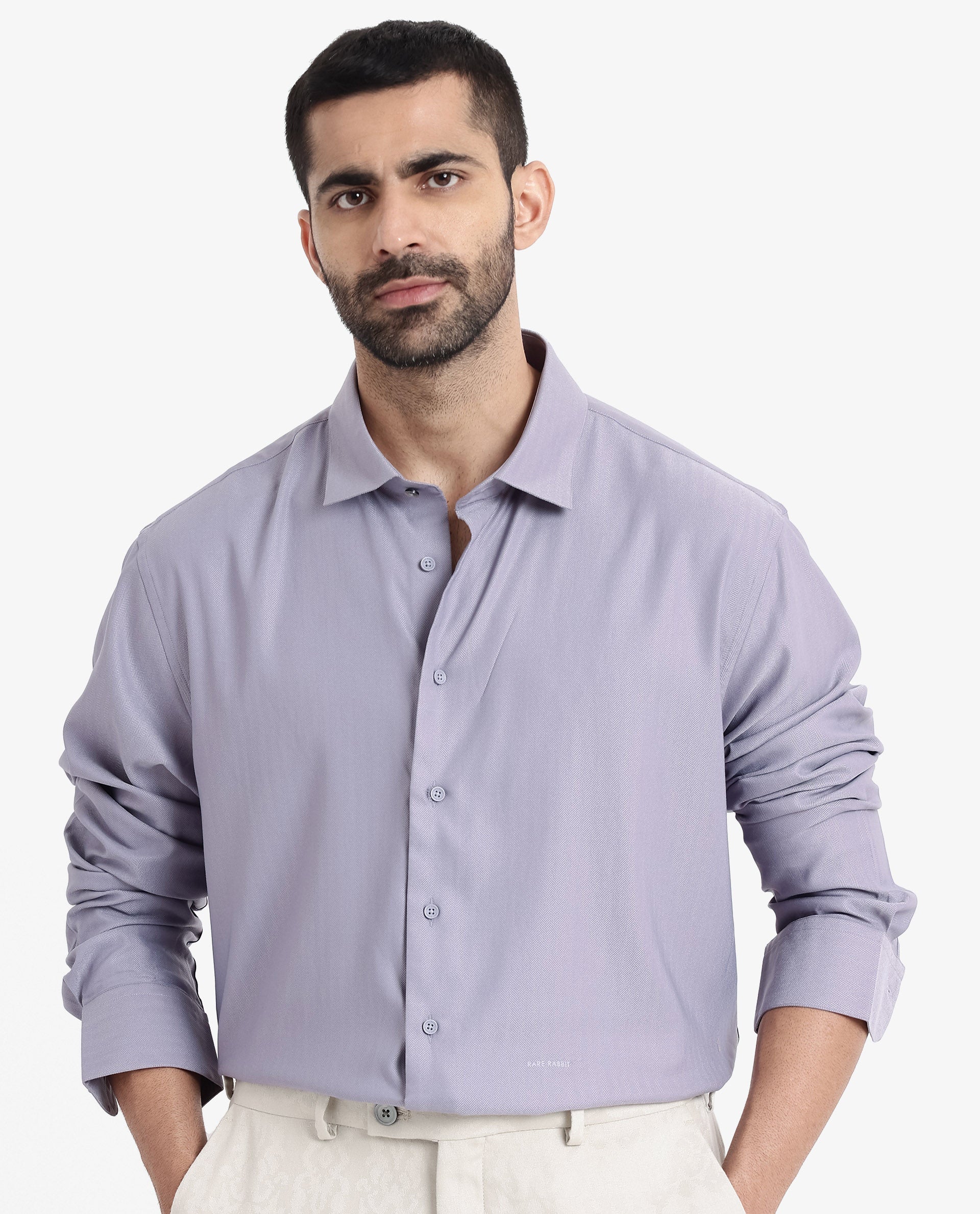 Rare Rabbit Men Mer Dusky Purple Viscose Polyester Lycra Fabric Full Sleeve Button Closure Regular Fit Herringbone Textured Shirt