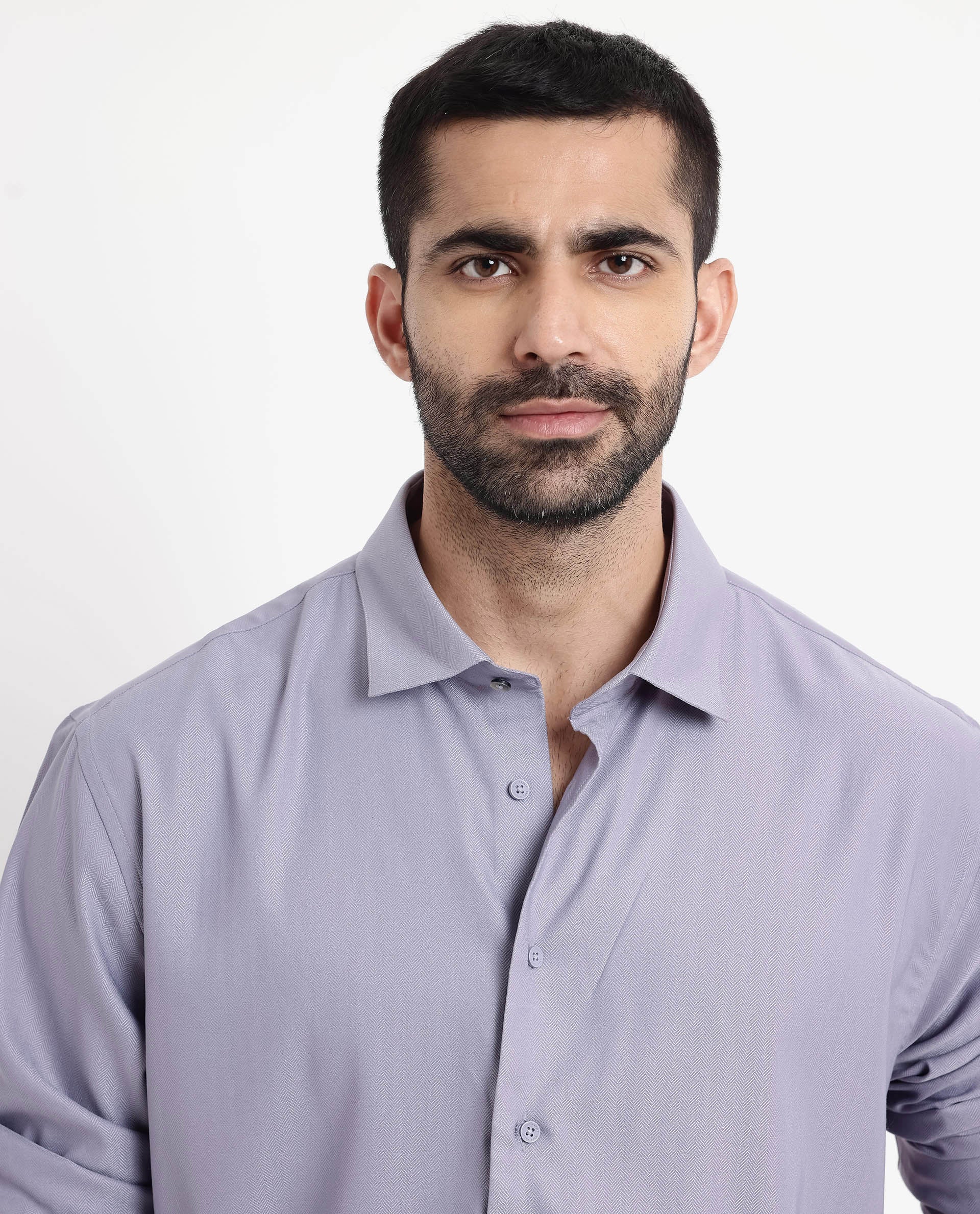 Rare Rabbit Men Mer Dusky Purple Viscose Polyester Lycra Fabric Full Sleeve Button Closure Regular Fit Herringbone Textured Shirt