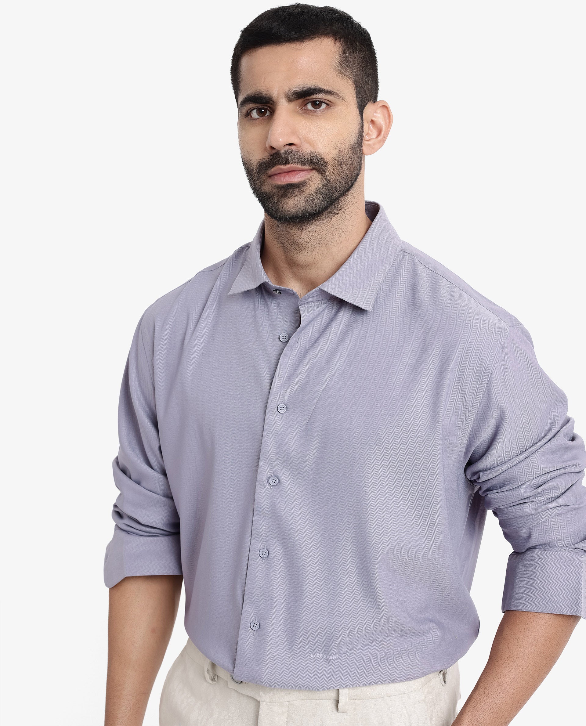 Rare Rabbit Men Mer Dusky Purple Viscose Polyester Lycra Fabric Full Sleeve Button Closure Regular Fit Herringbone Textured Shirt