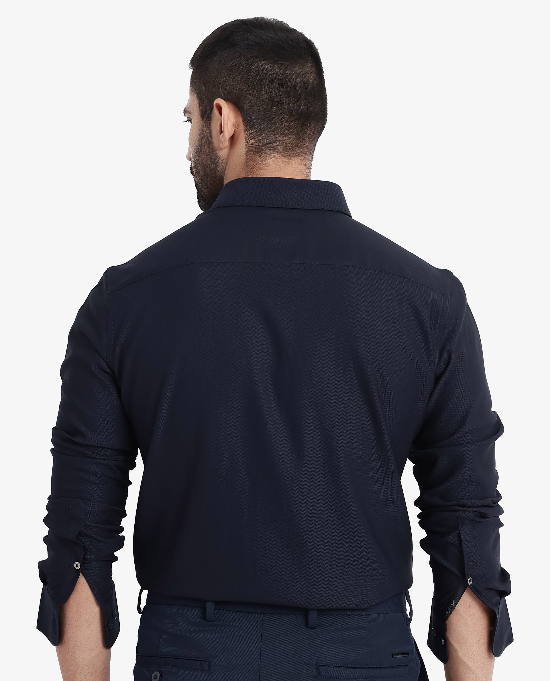 Rare Rabbit Men Mer Navy Viscose Polyester Lycra Fabric Full Sleeve Button Closure Regular Fit Herringbone Textured Shirt