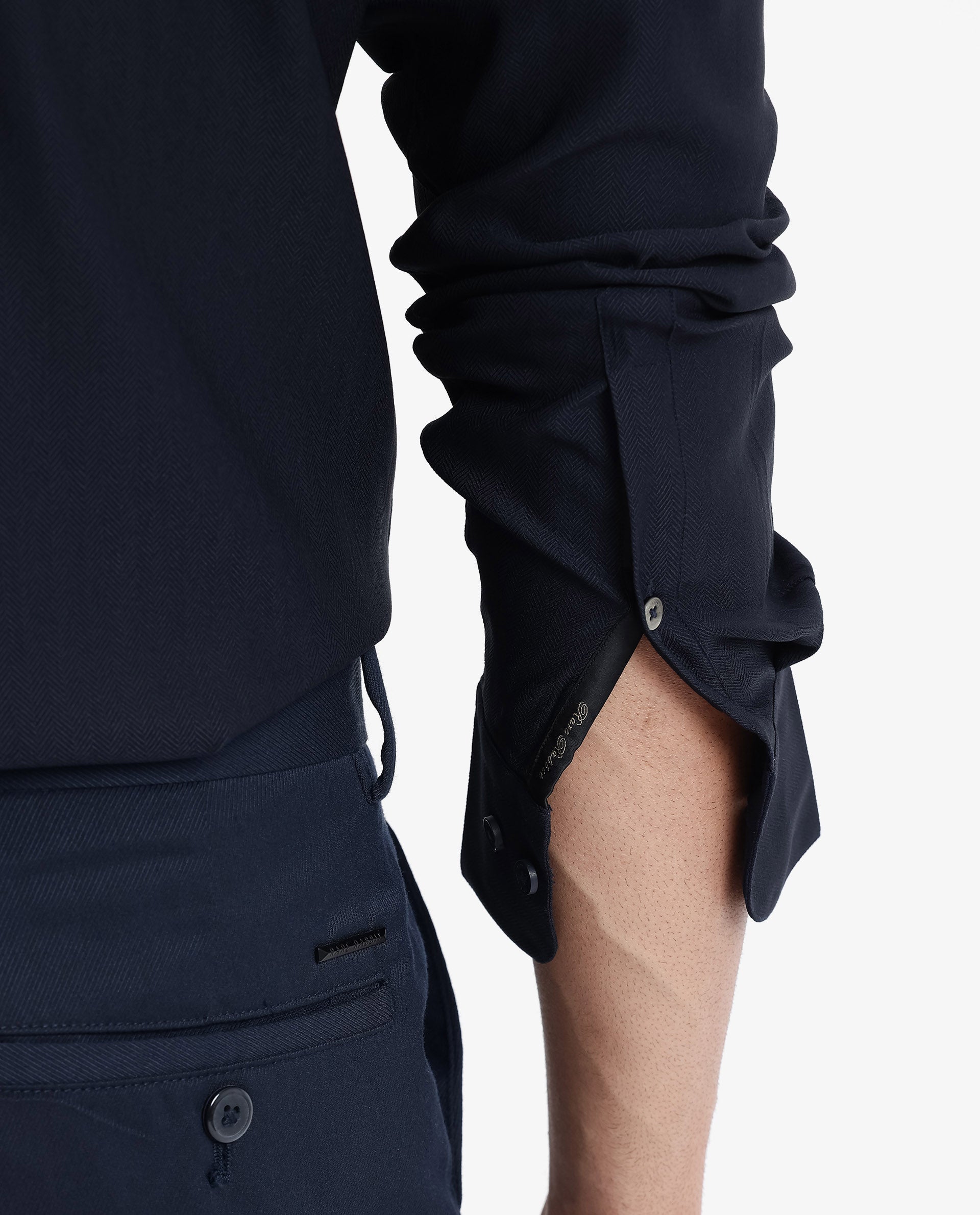 Rare Rabbit Men Mer Navy Viscose Polyester Lycra Fabric Full Sleeve Button Closure Regular Fit Herringbone Textured Shirt