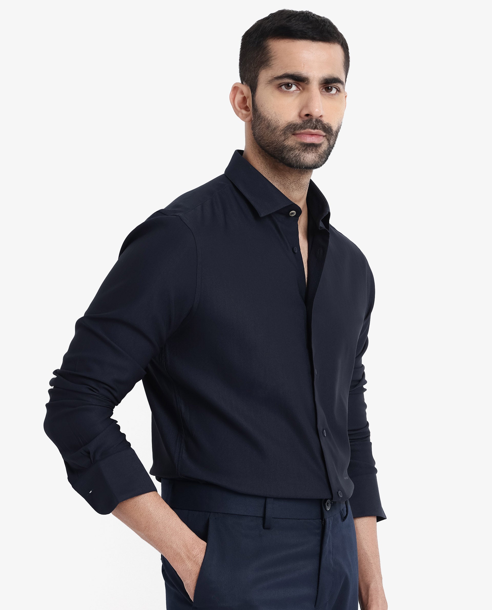 Rare Rabbit Men Mer Navy Viscose Polyester Lycra Fabric Full Sleeve Button Closure Regular Fit Herringbone Textured Shirt