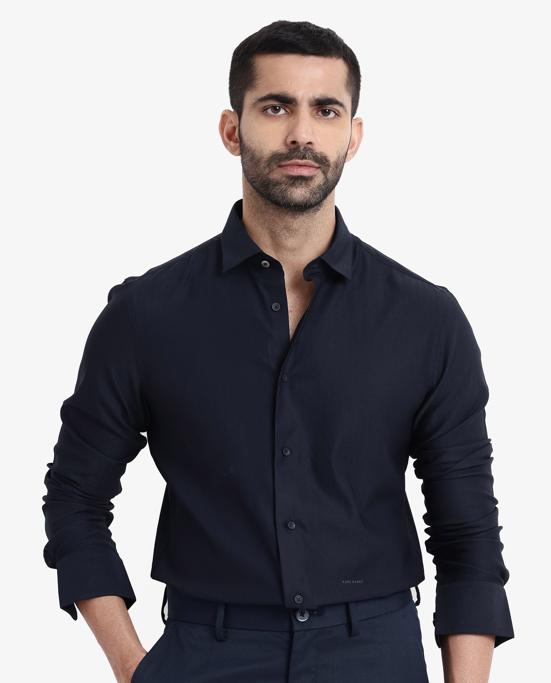 Rare Rabbit Men Mer Navy Viscose Polyester Lycra Fabric Full Sleeve Button Closure Regular Fit Herringbone Textured Shirt