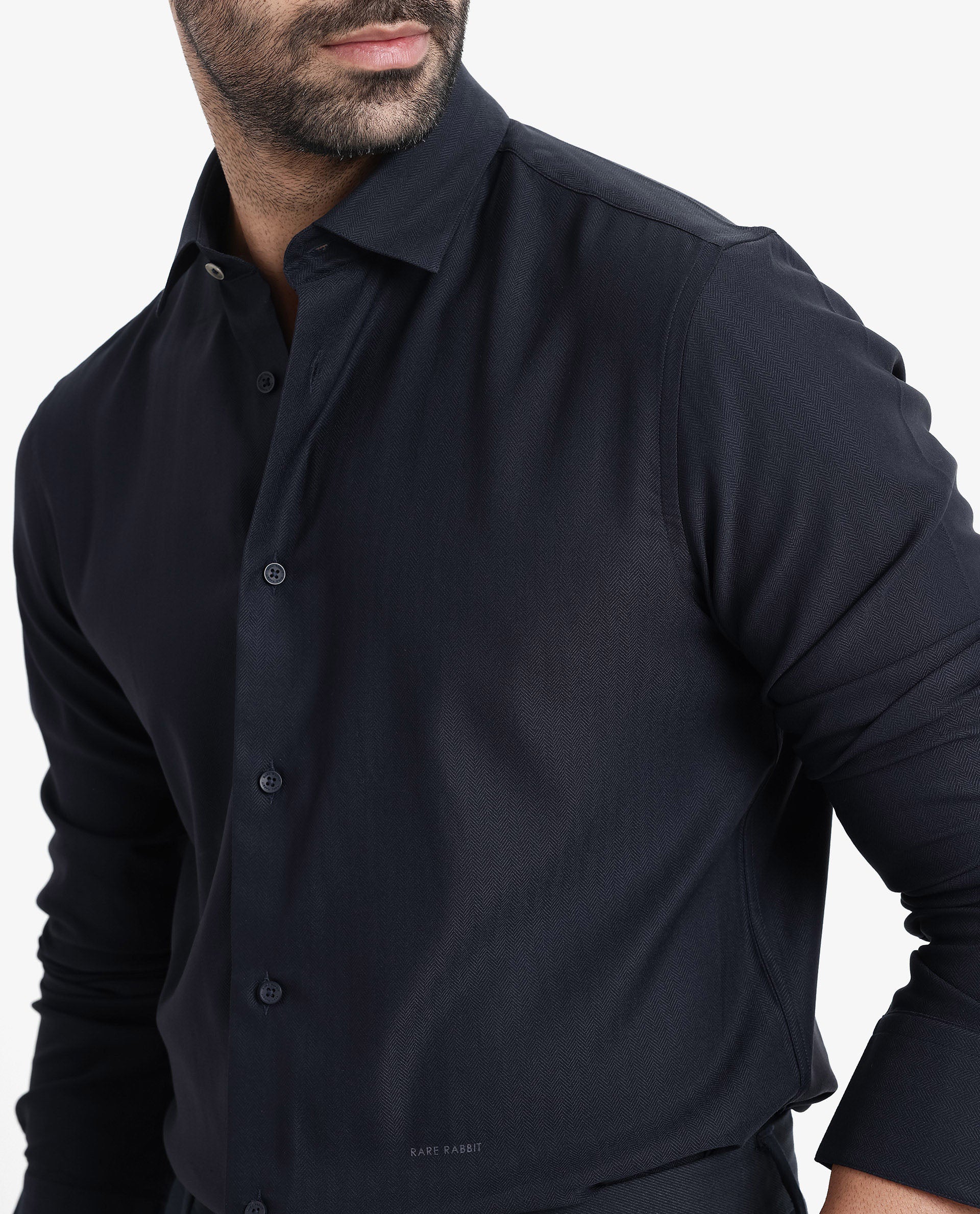 Rare Rabbit Men Mer Navy Viscose Polyester Lycra Fabric Full Sleeve Button Closure Regular Fit Herringbone Textured Shirt