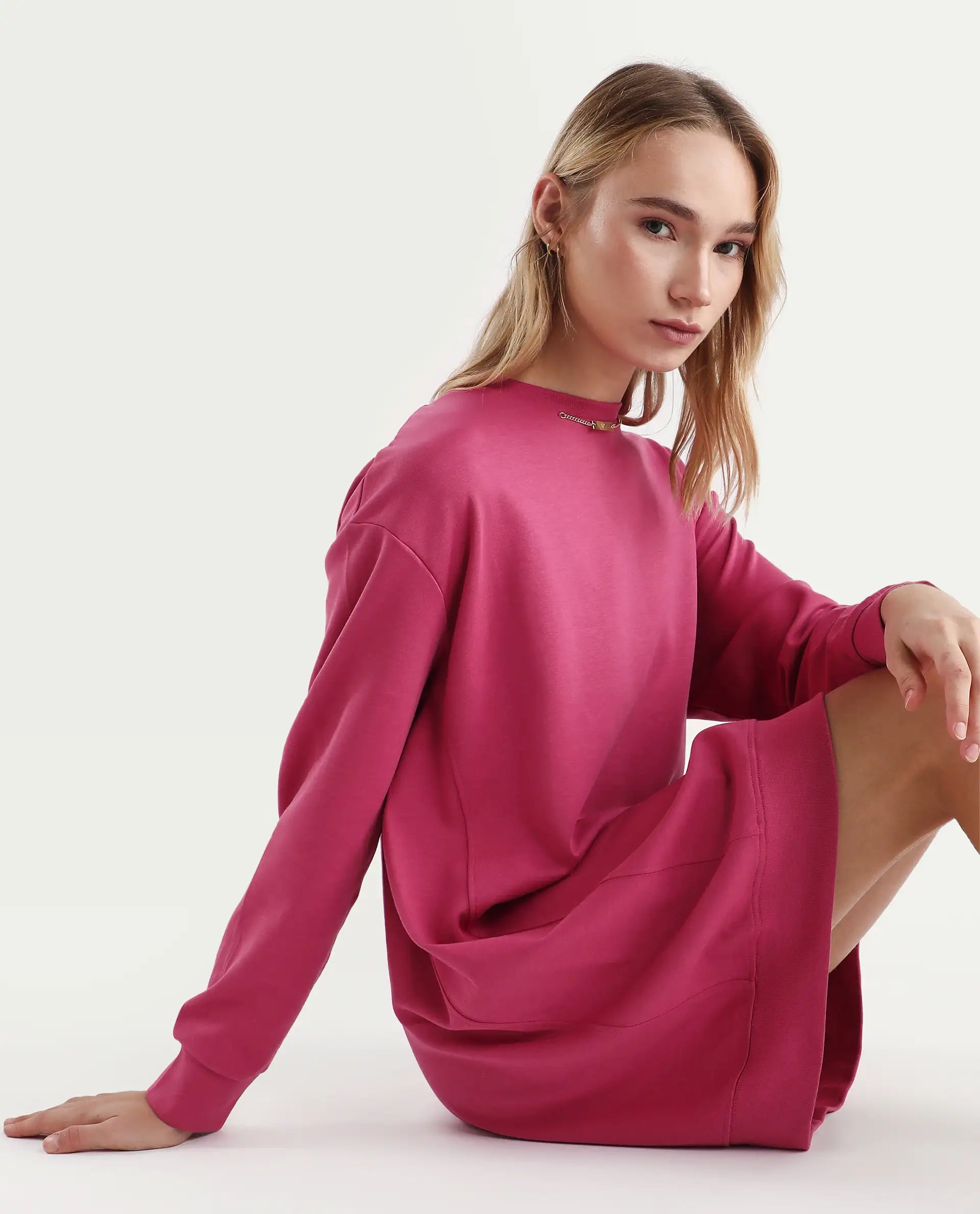 Rareism Women's Merchant Dark Pink Cotton Blend Crew Neck Plain Mini Relaxed Fit Dress