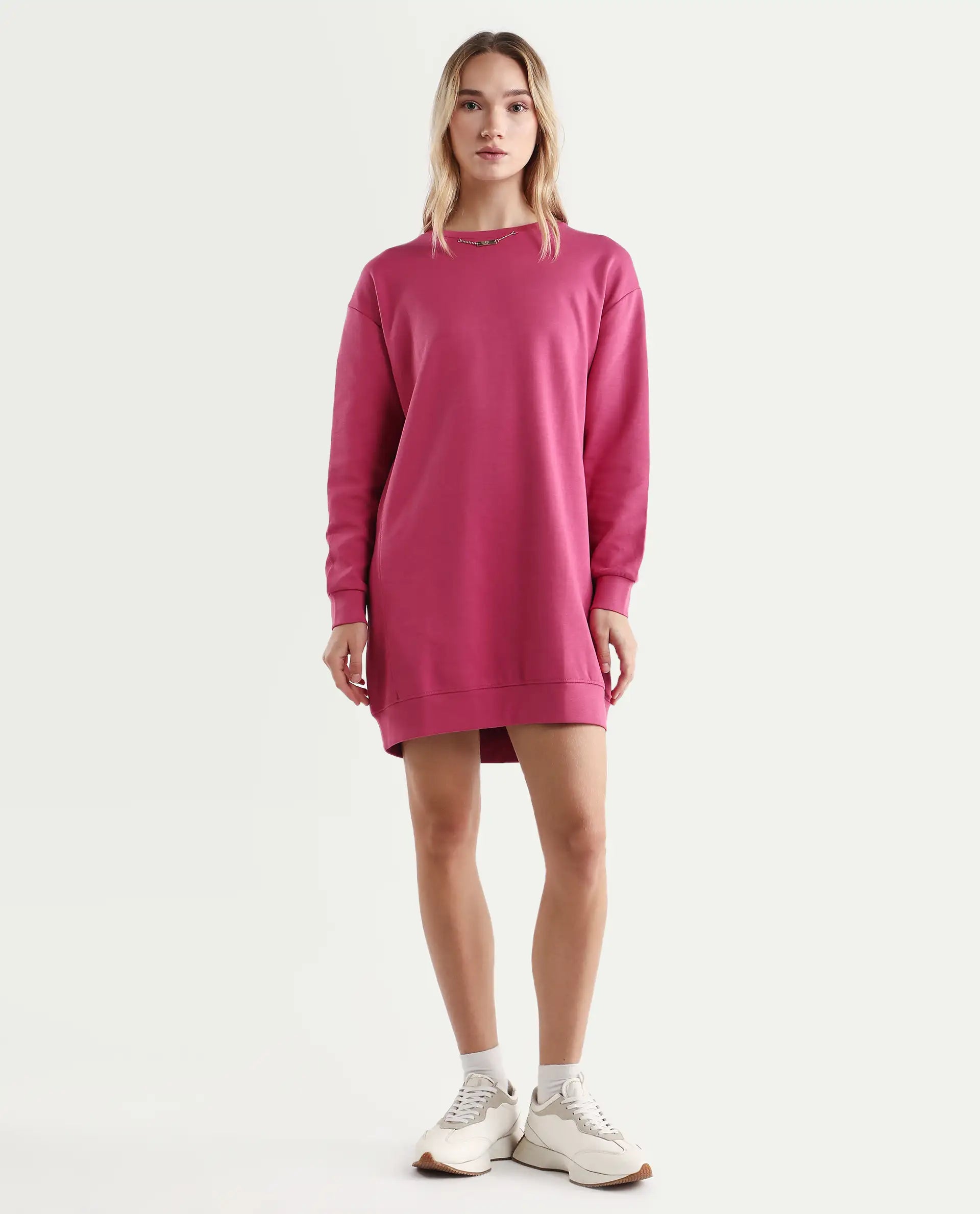 Rareism Women's Merchant Dark Pink Cotton Blend Crew Neck Plain Mini Relaxed Fit Dress