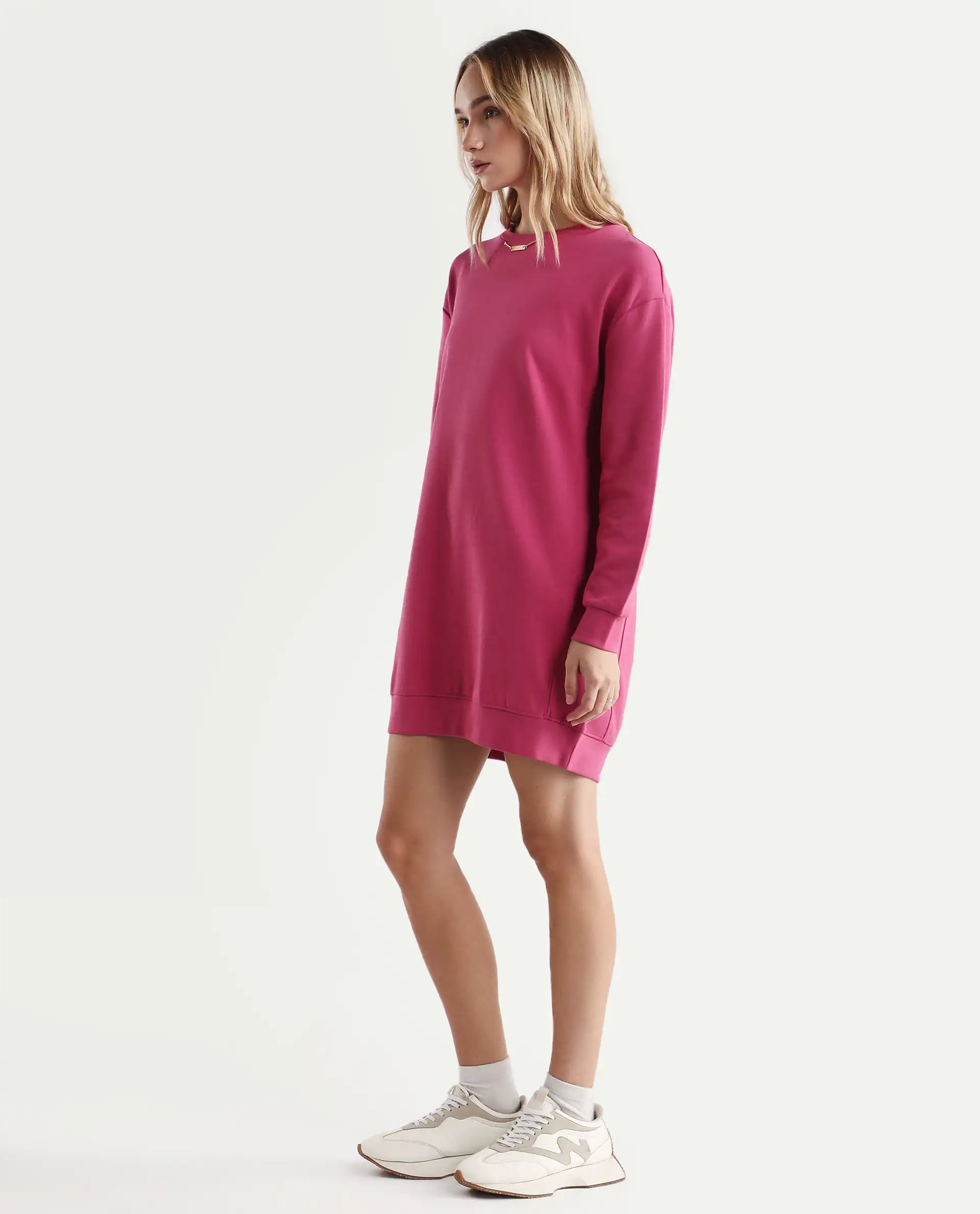 Rareism Women's Merchant Dark Pink Cotton Blend Crew Neck Plain Mini Relaxed Fit Dress