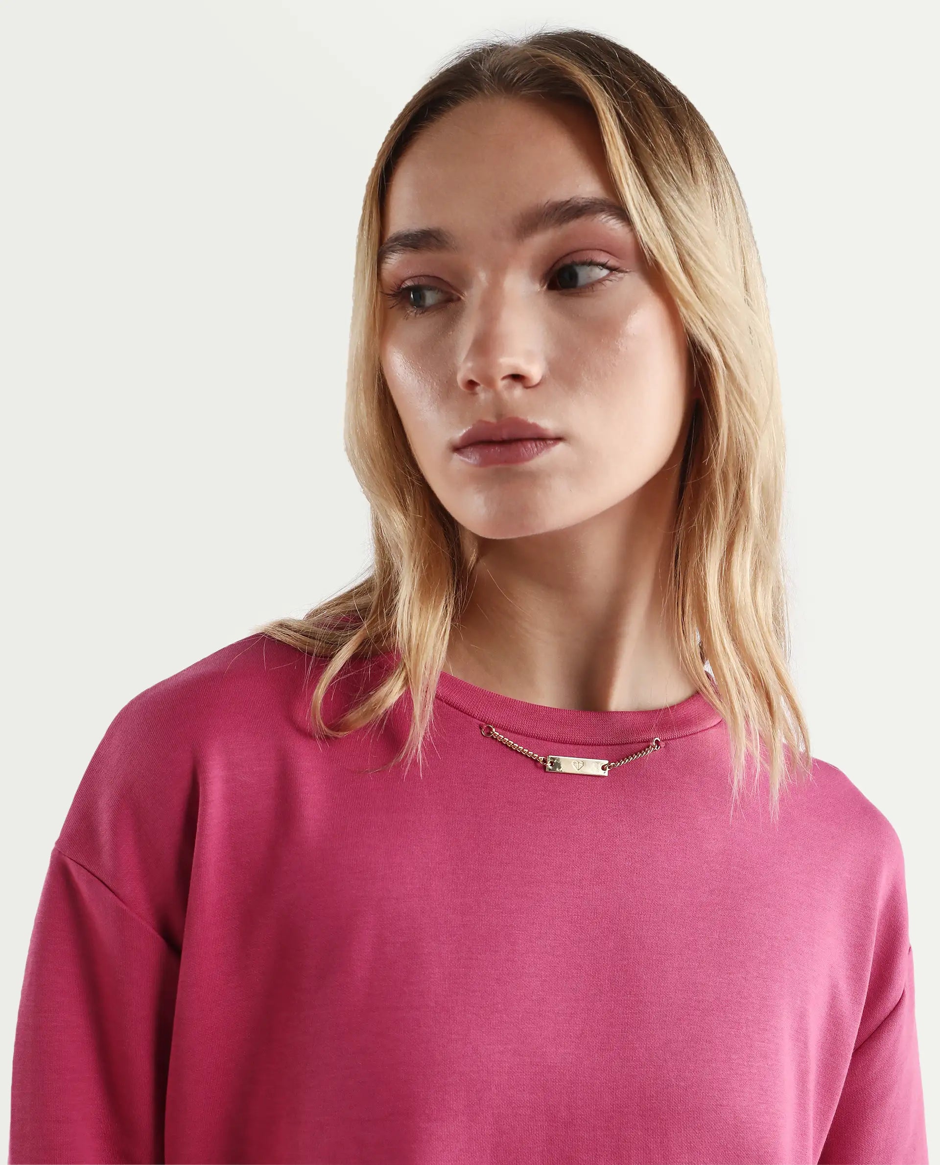 Rareism Women's Merchant Dark Pink Cotton Blend Crew Neck Plain Mini Relaxed Fit Dress