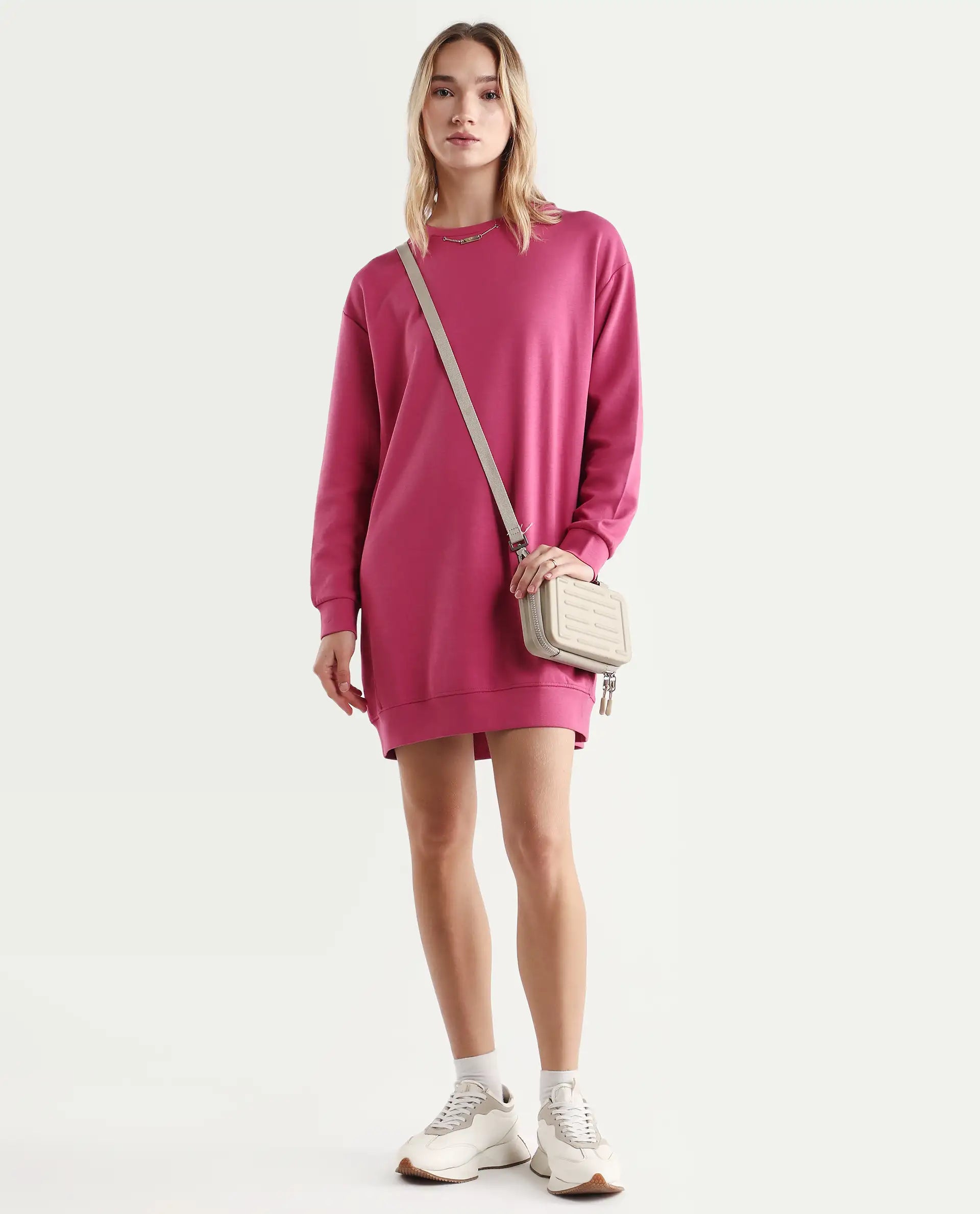 Rareism Women's Merchant Dark Pink Cotton Blend Crew Neck Plain Mini Relaxed Fit Dress