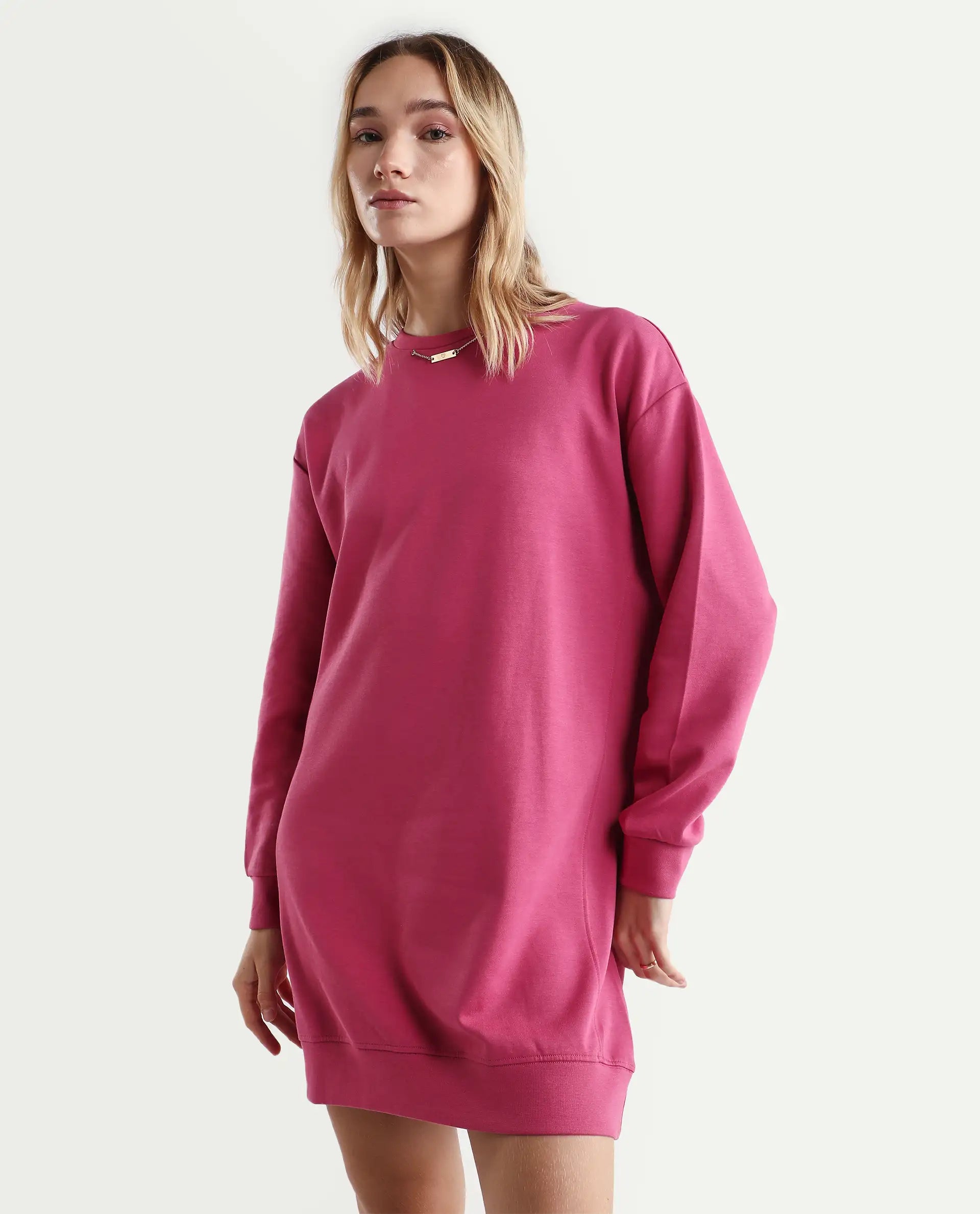 Rareism Women's Merchant Dark Pink Cotton Blend Crew Neck Plain Mini Relaxed Fit Dress