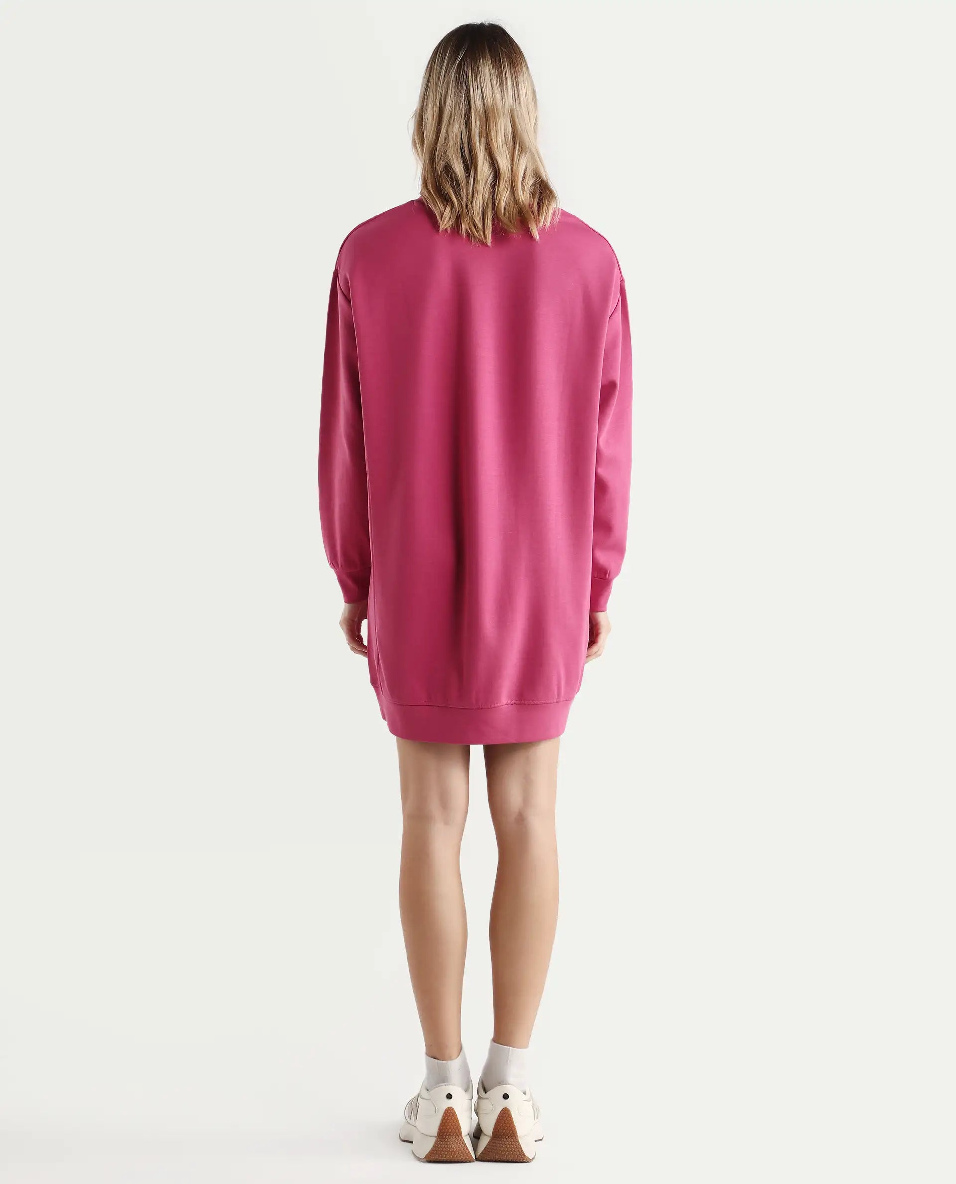 Rareism Women's Merchant Dark Pink Cotton Blend Crew Neck Plain Mini Relaxed Fit Dress