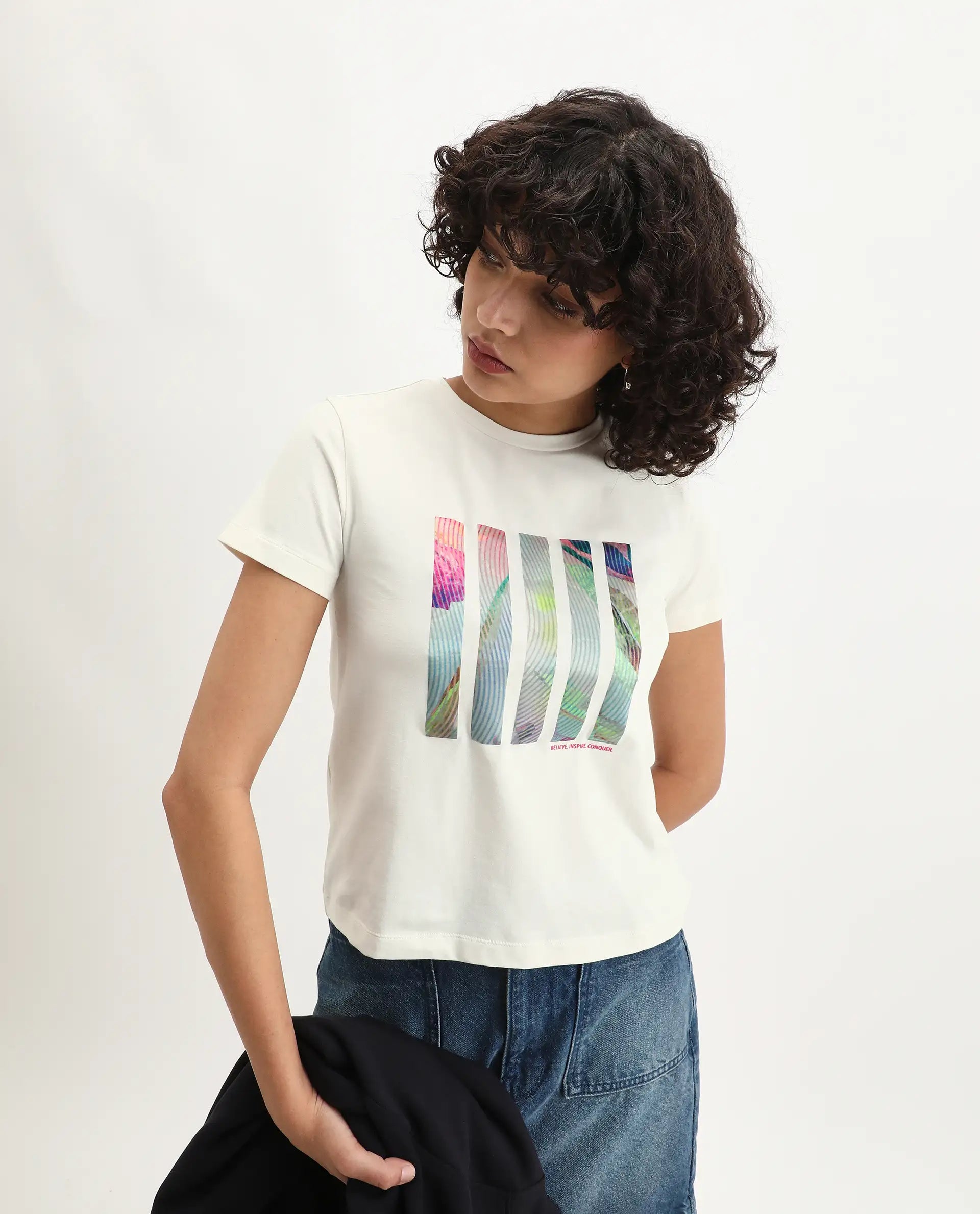 Rareism Women's Merch Off White Cotton Blend Crew Neck Graphic Print Regular Fit T-Shirt