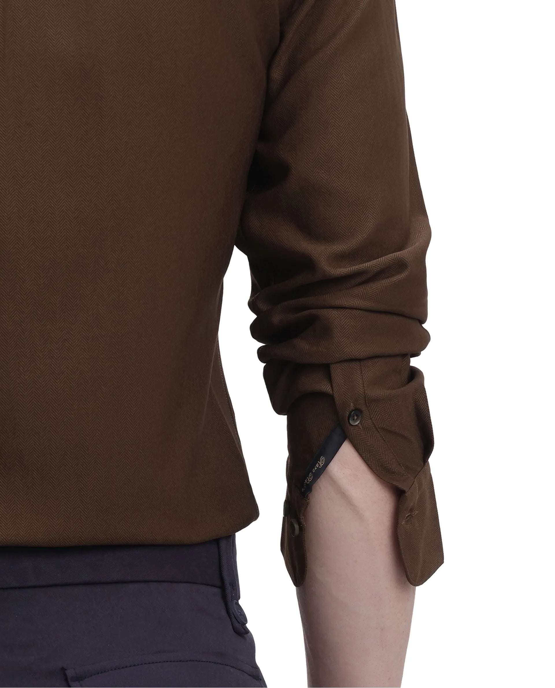 Rare Rabbit Men Mer Dark Olive Viscose Polyester Lycra Fabric Full Sleeve Button Closure Regular Fit Herringbone Textured Shirt