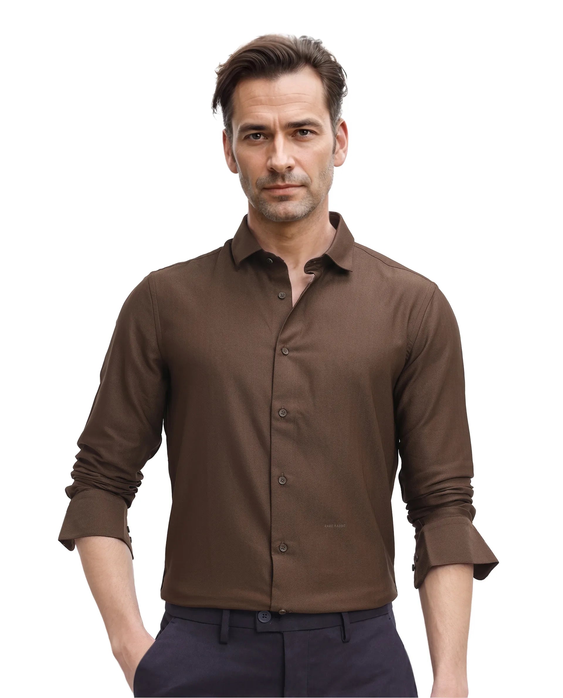 Rare Rabbit Men Mer Dark Olive Viscose Polyester Lycra Fabric Full Sleeve Button Closure Regular Fit Herringbone Textured Shirt