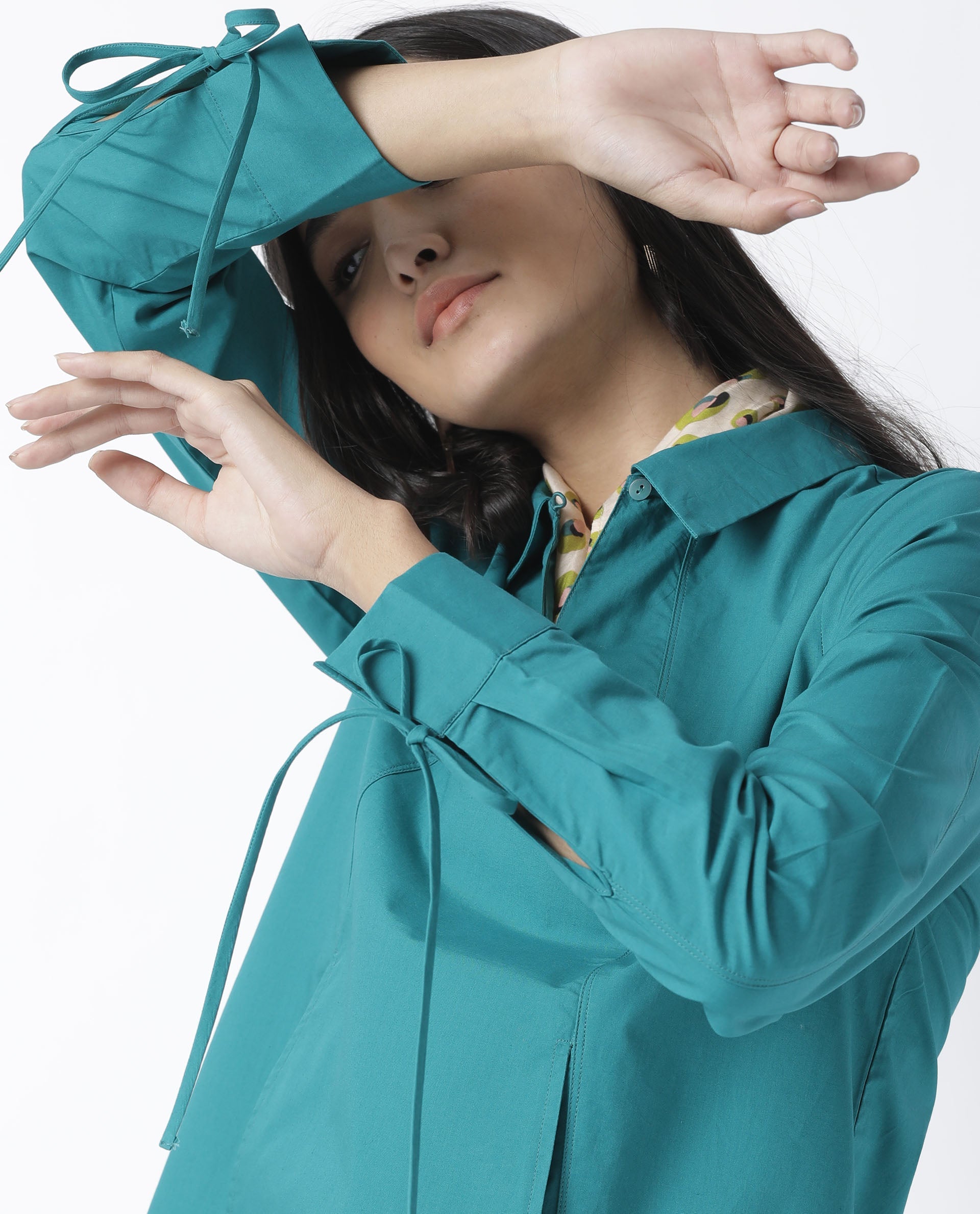 Rareism Women Merge Dark Petrol Cotton Fabric Tailored Fit Shirt Collar Full Sleeves Solid Top