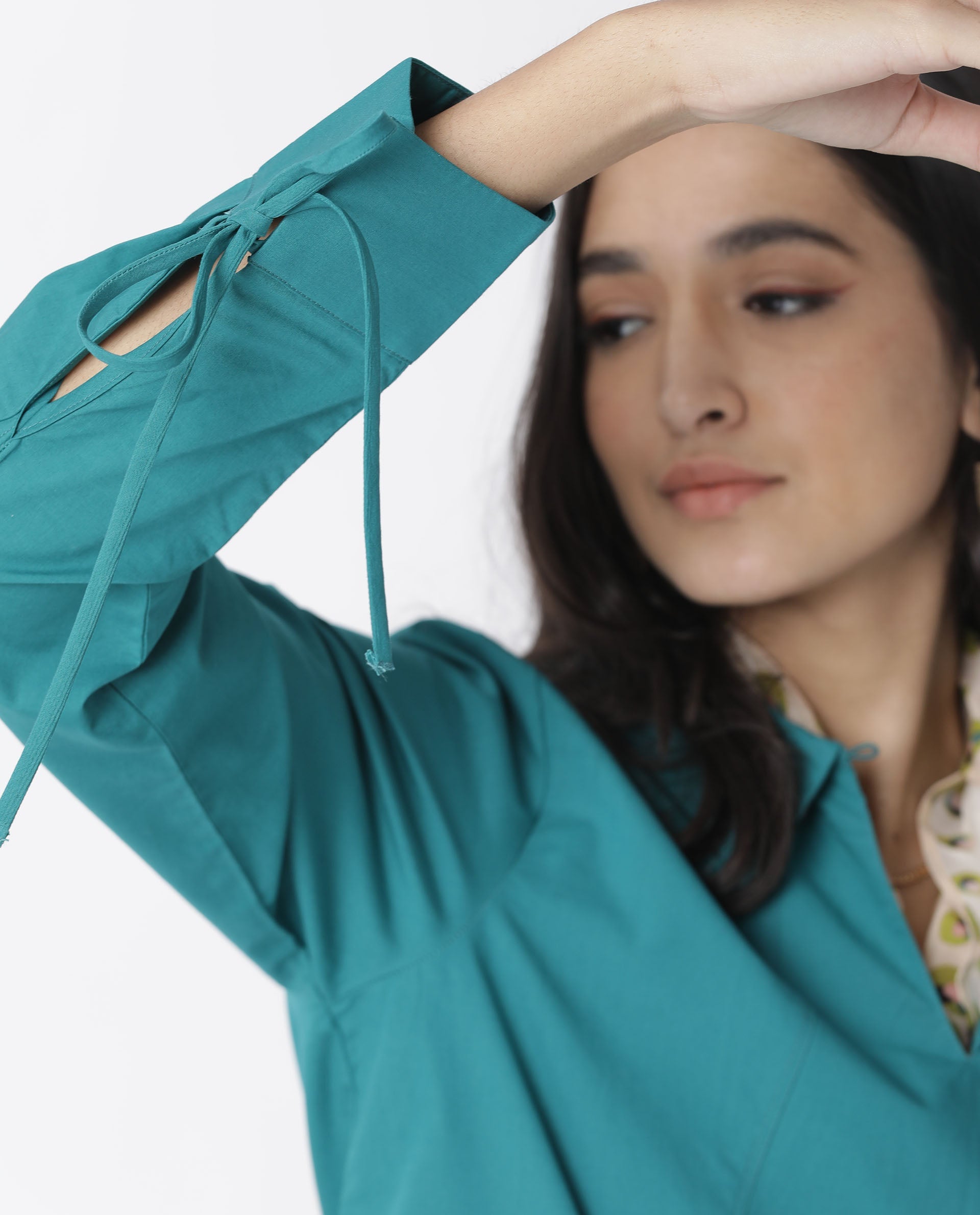 Rareism Women Merge Dark Petrol Cotton Fabric Tailored Fit Shirt Collar Full Sleeves Solid Top