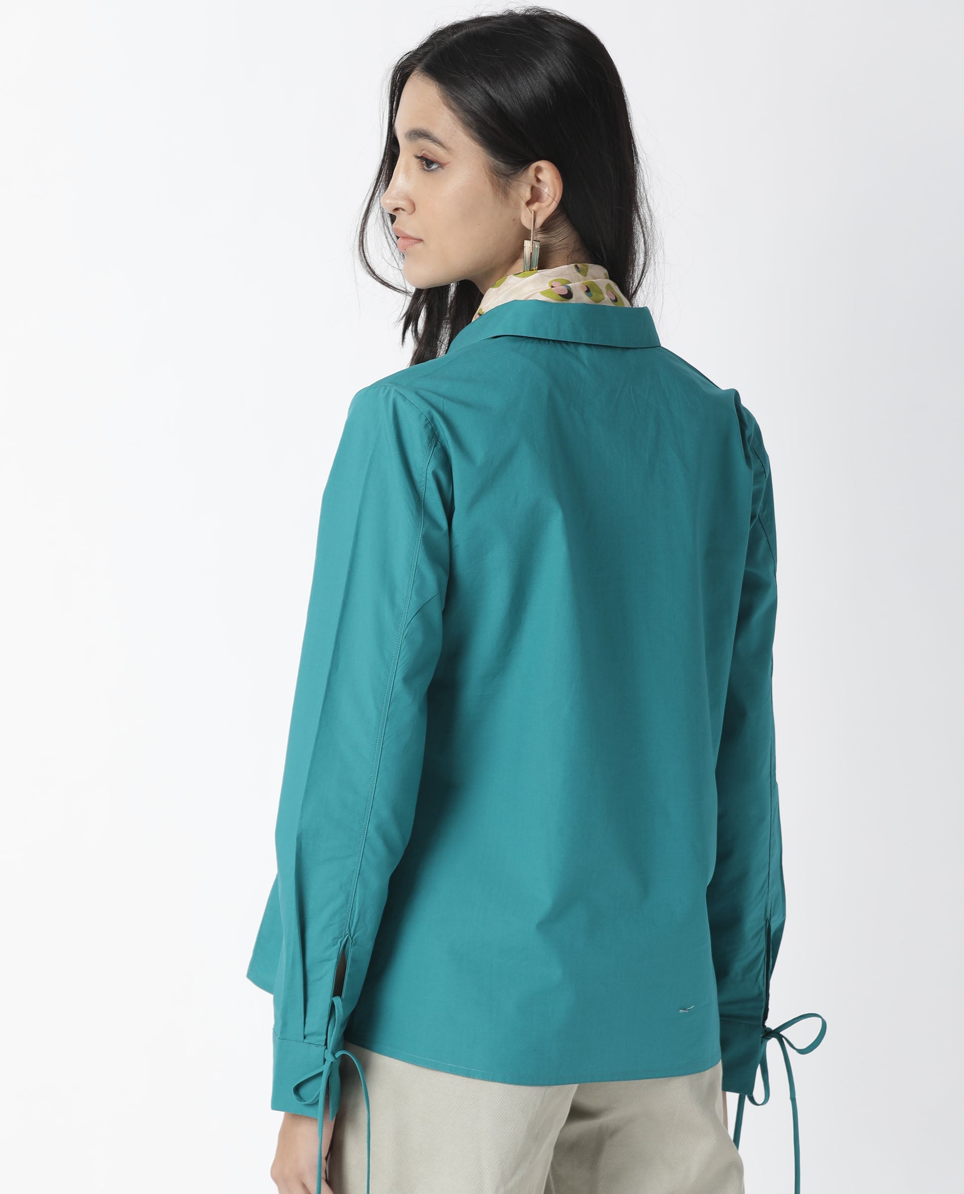 Rareism Women Merge Dark Petrol Cotton Fabric Tailored Fit Shirt Collar Full Sleeves Solid Top