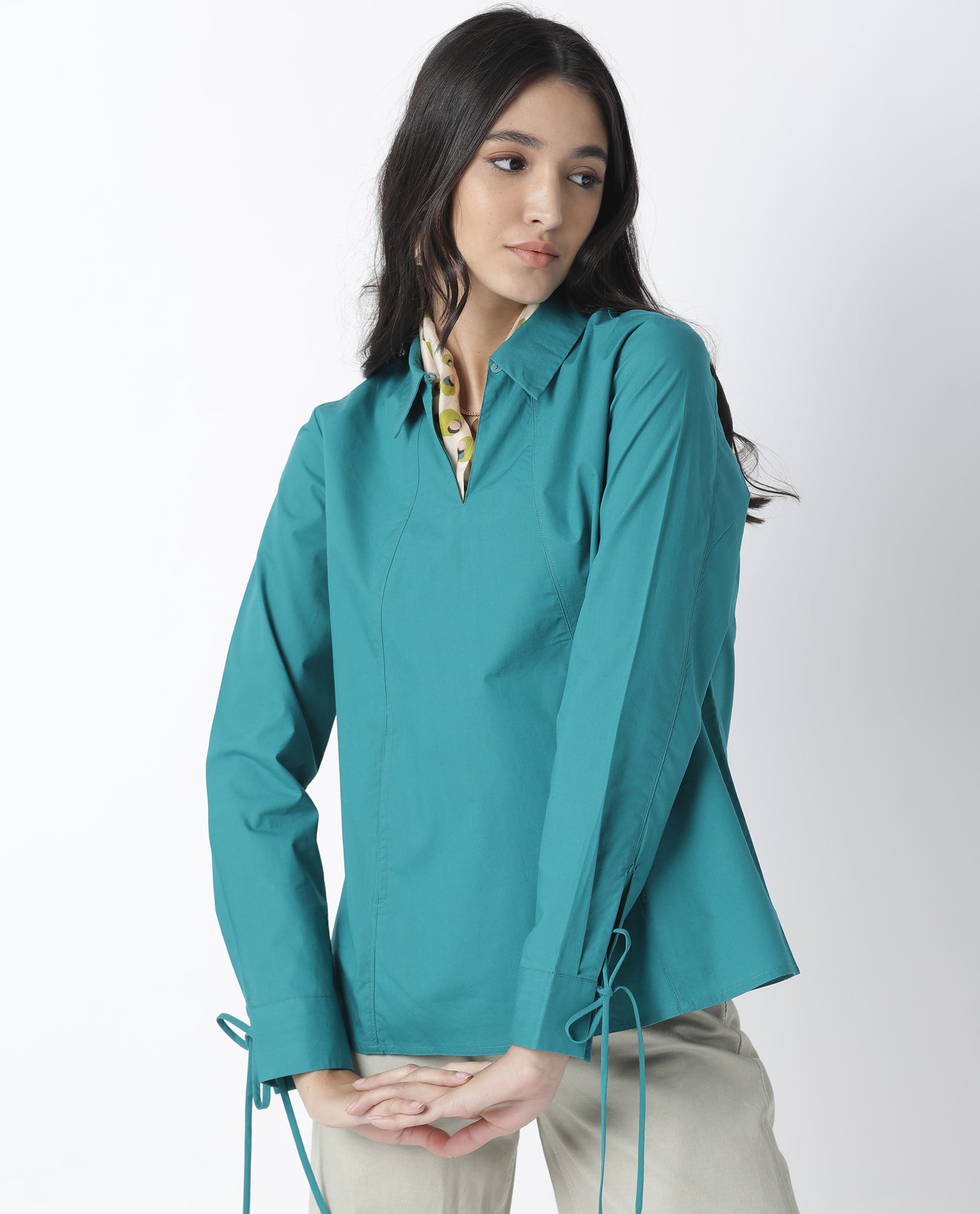Rareism Women Merge Dark Petrol Cotton Fabric Tailored Fit Shirt Collar Full Sleeves Solid Top