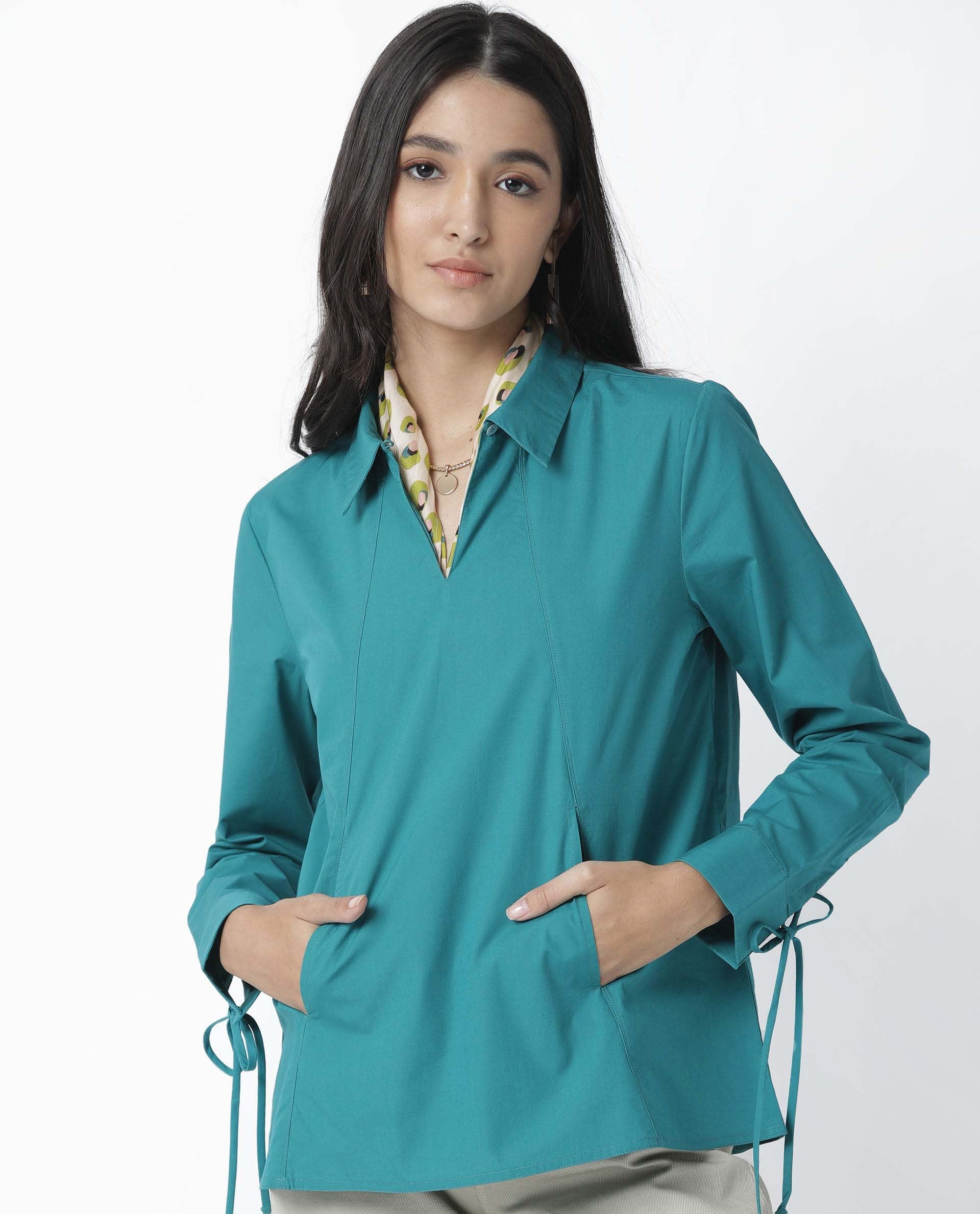 Rareism Women Merge Dark Petrol Cotton Fabric Tailored Fit Shirt Collar Full Sleeves Solid Top