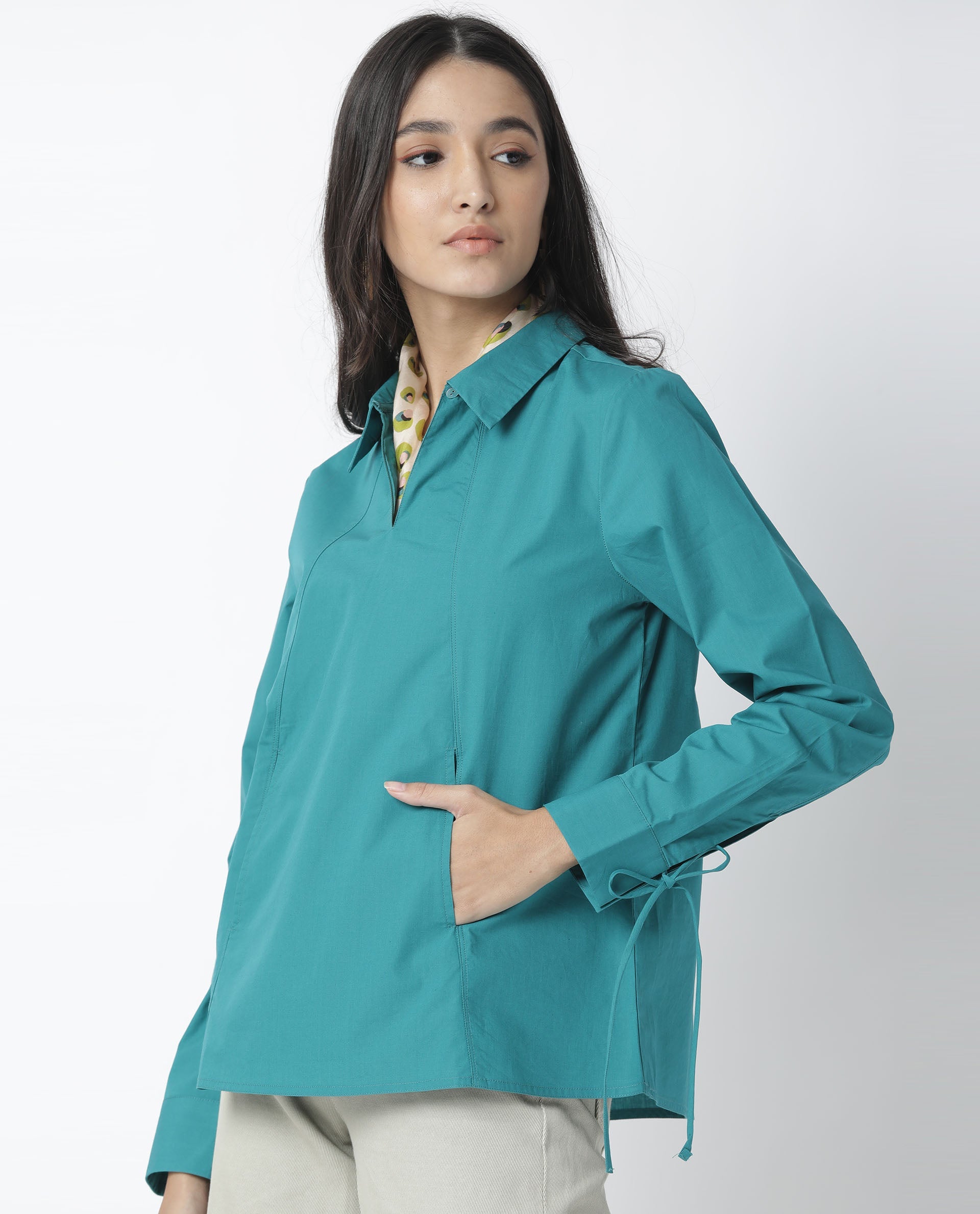 Rareism Women Merge Dark Petrol Cotton Fabric Tailored Fit Shirt Collar Full Sleeves Solid Top