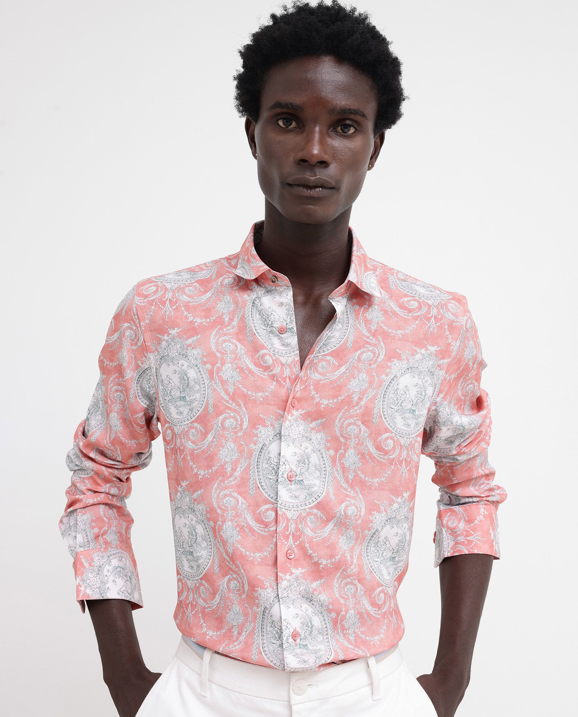 Rare Rabbit Mens Meridin Dusky Peach Viscose Decorative Art Print Full Sleeve Shirt