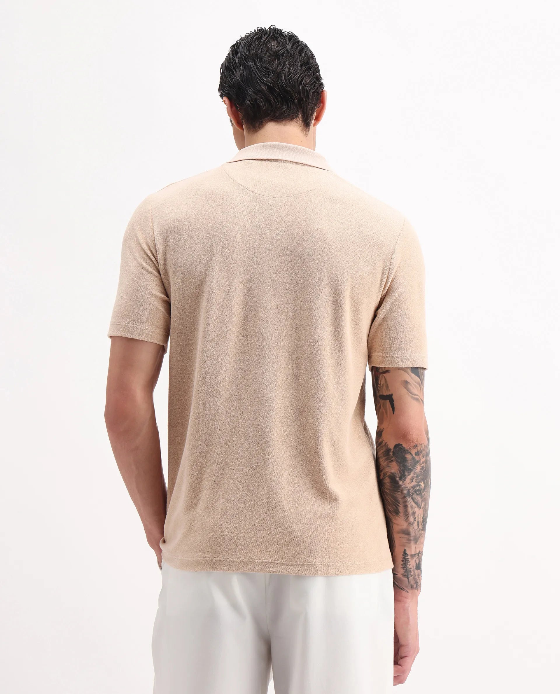 Rare Rabbit Men's Merk Beige Cotton Textured Regular Fit Half Sleeve Polo