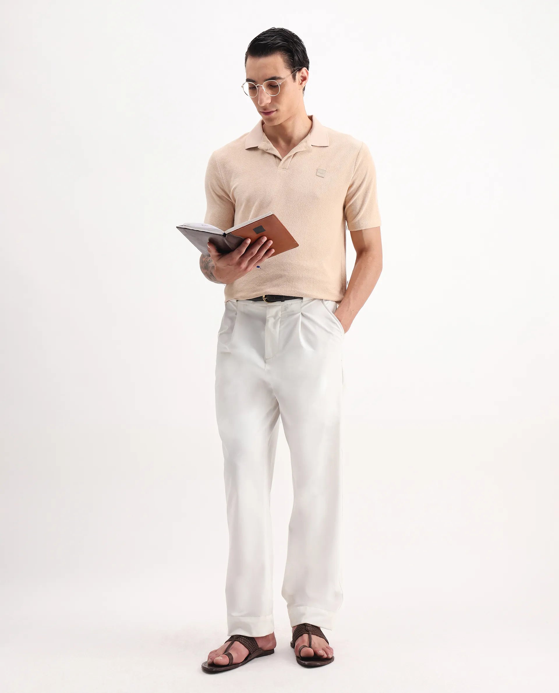 Rare Rabbit Men's Merk Beige Cotton Textured Regular Fit Half Sleeve Polo