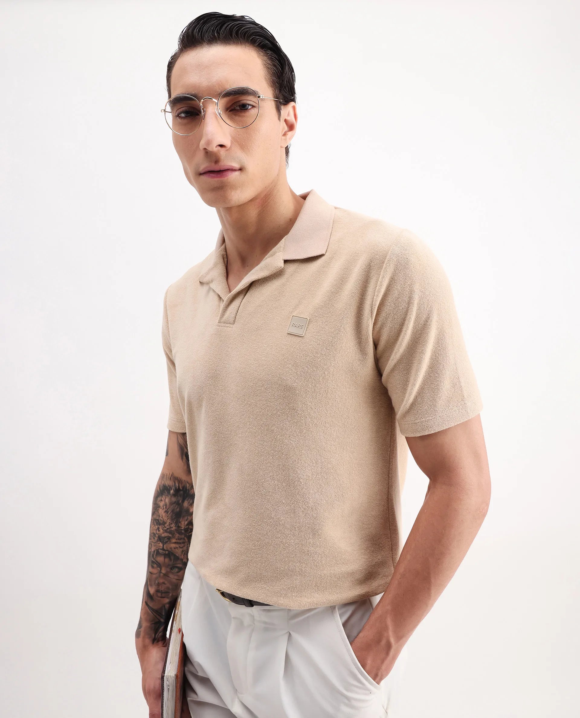 Rare Rabbit Men's Merk Beige Cotton Textured Regular Fit Half Sleeve Polo