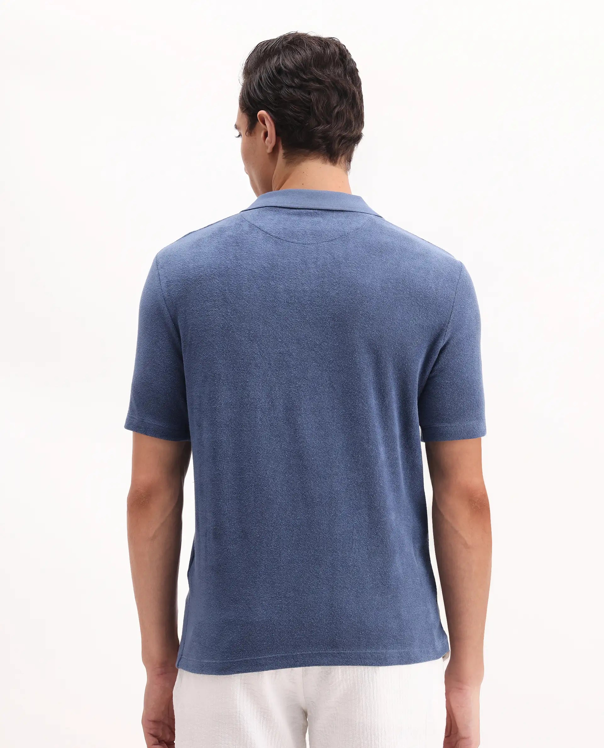 Rare Rabbit Men's Merk Dark Blue Cotton Textured Regular Fit Half Sleeve Polo