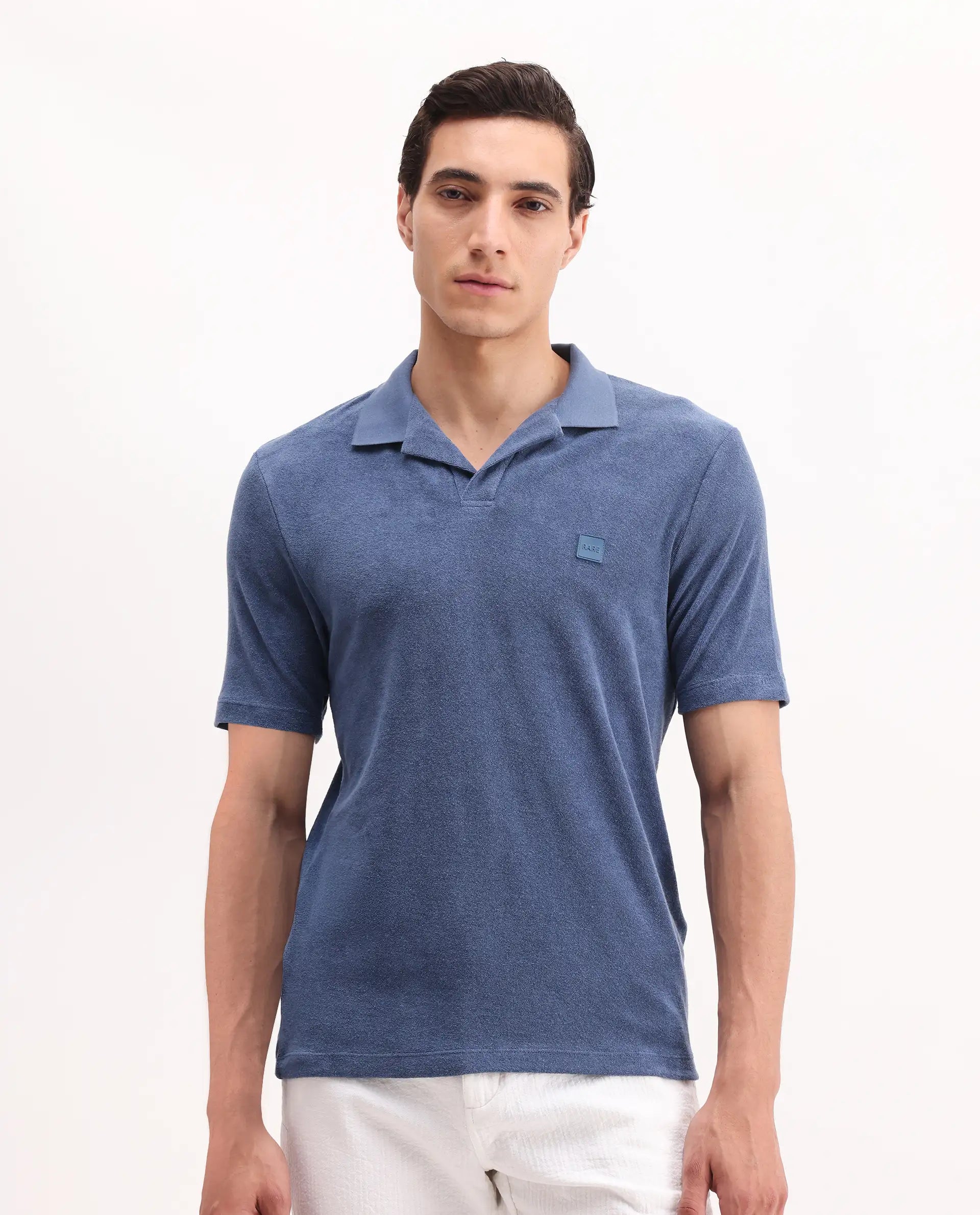 Rare Rabbit Men's Merk Dark Blue Cotton Textured Regular Fit Half Sleeve Polo