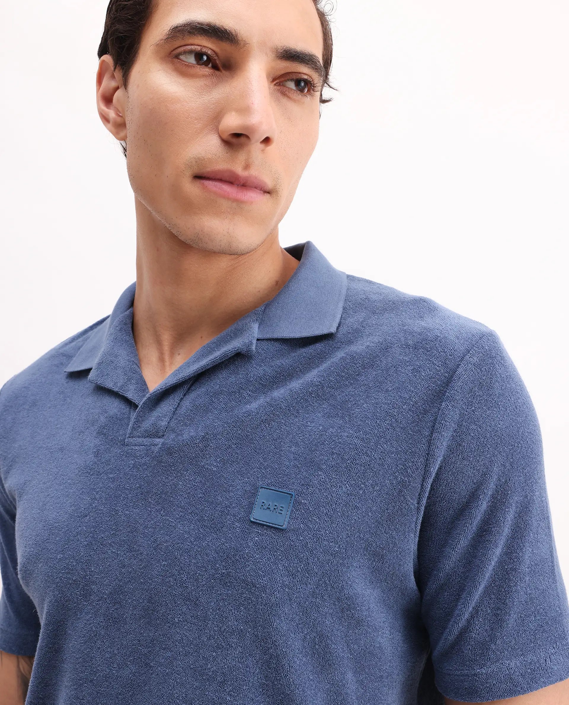 Rare Rabbit Men's Merk Dark Blue Cotton Textured Regular Fit Half Sleeve Polo