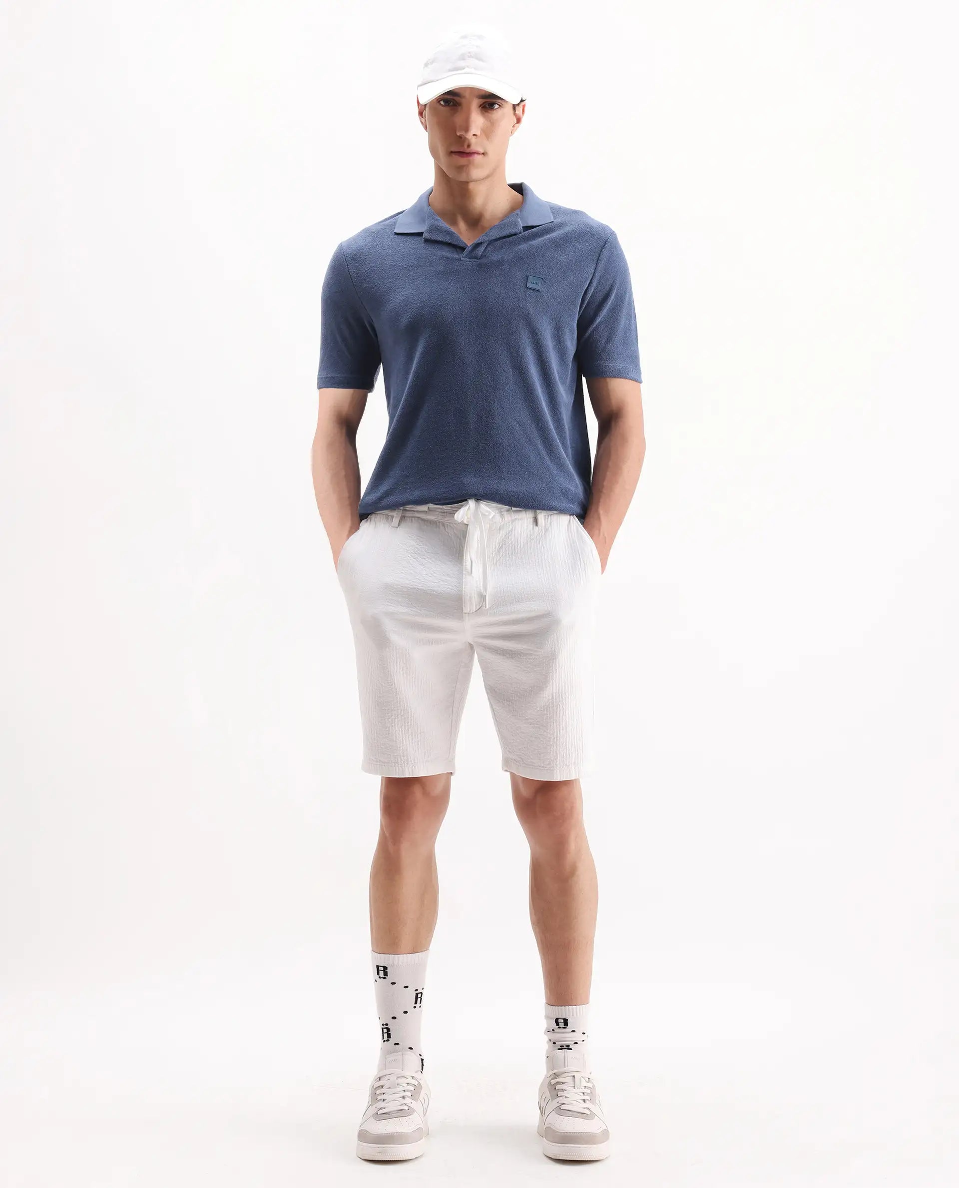 Rare Rabbit Men's Merk Dark Blue Cotton Textured Regular Fit Half Sleeve Polo