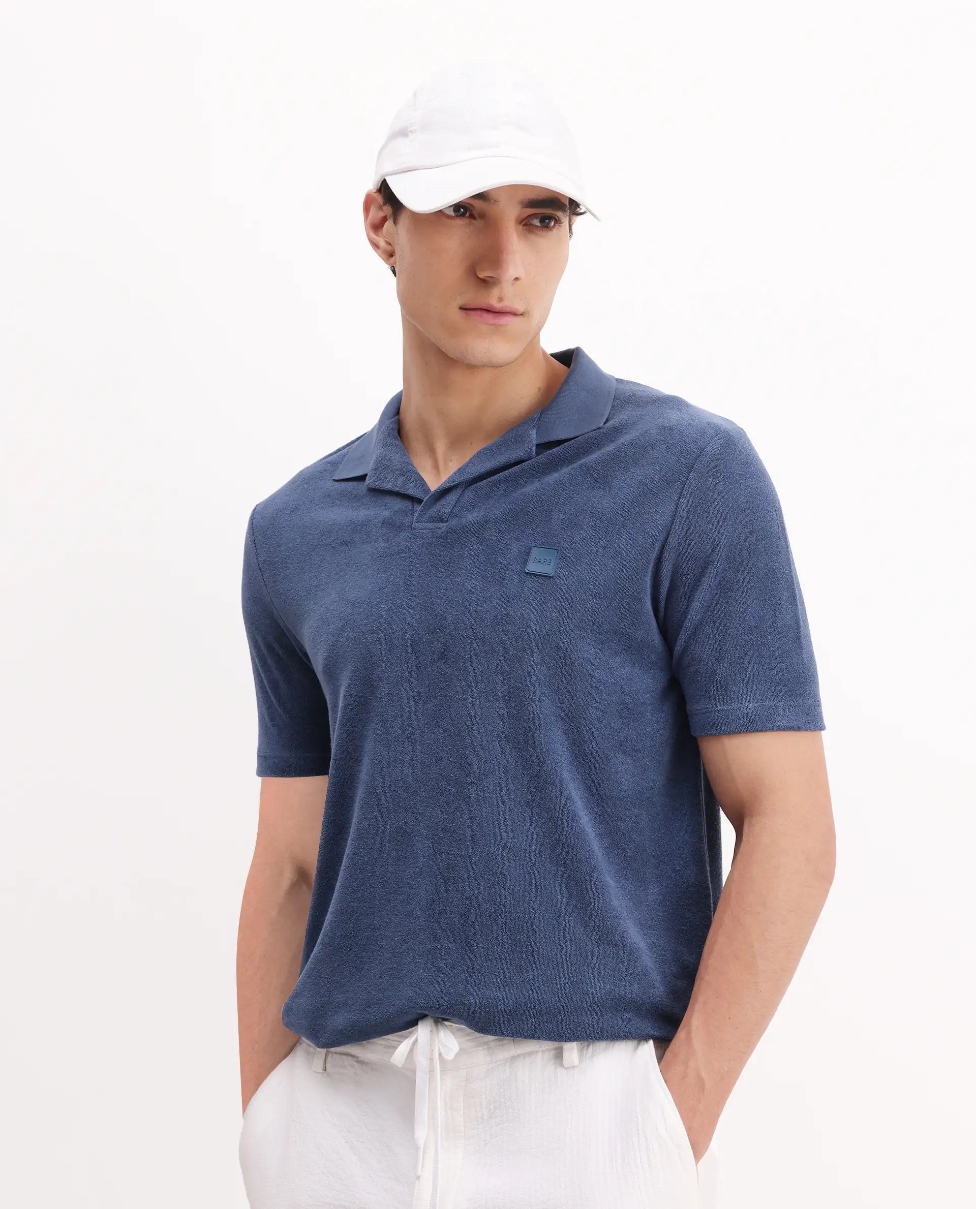 Rare Rabbit Men's Merk Dark Blue Cotton Textured Regular Fit Half Sleeve Polo
