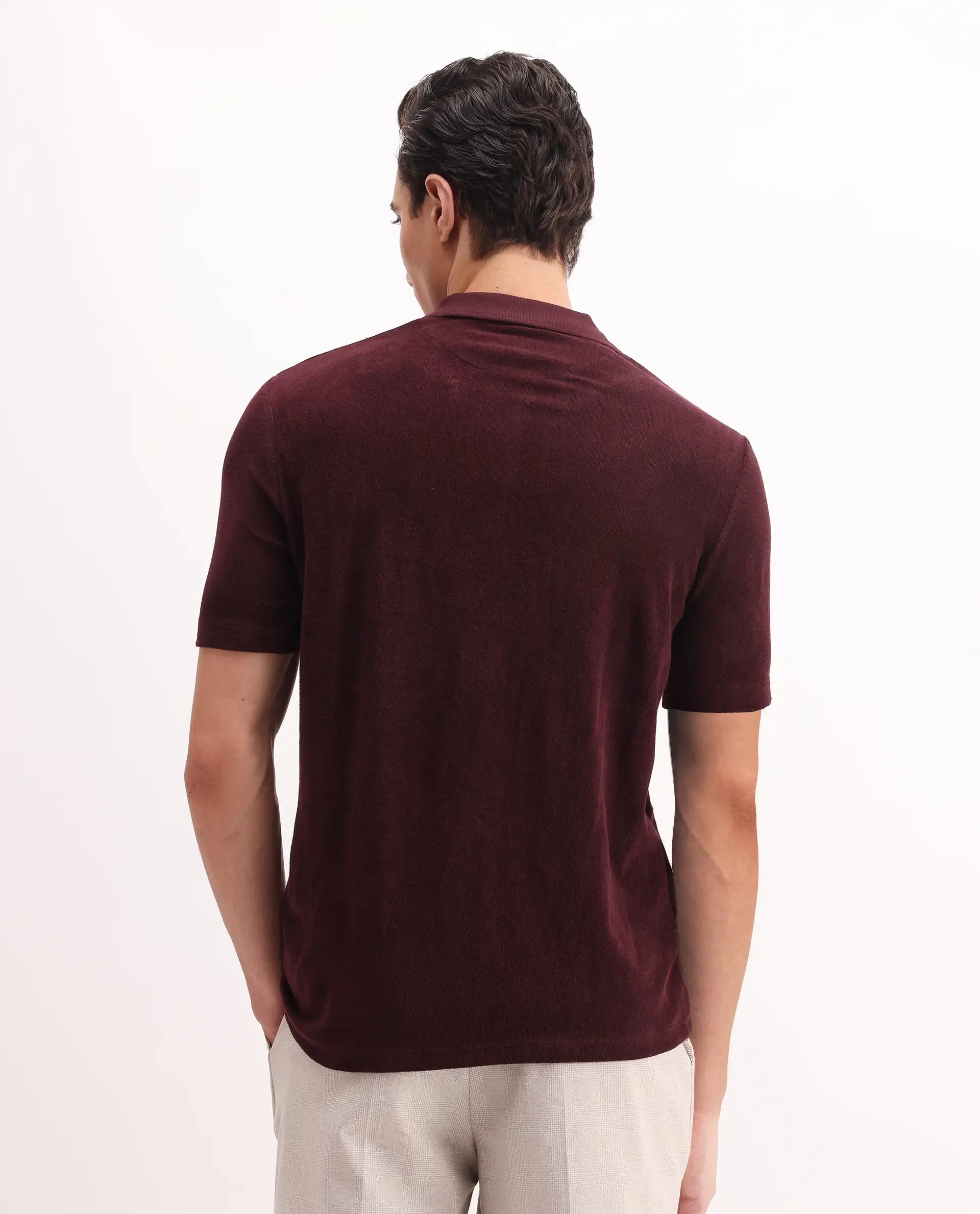 Rare Rabbit Men's Merk Dark Maroon Cotton Textured Regular Fit Half Sleeve Polo