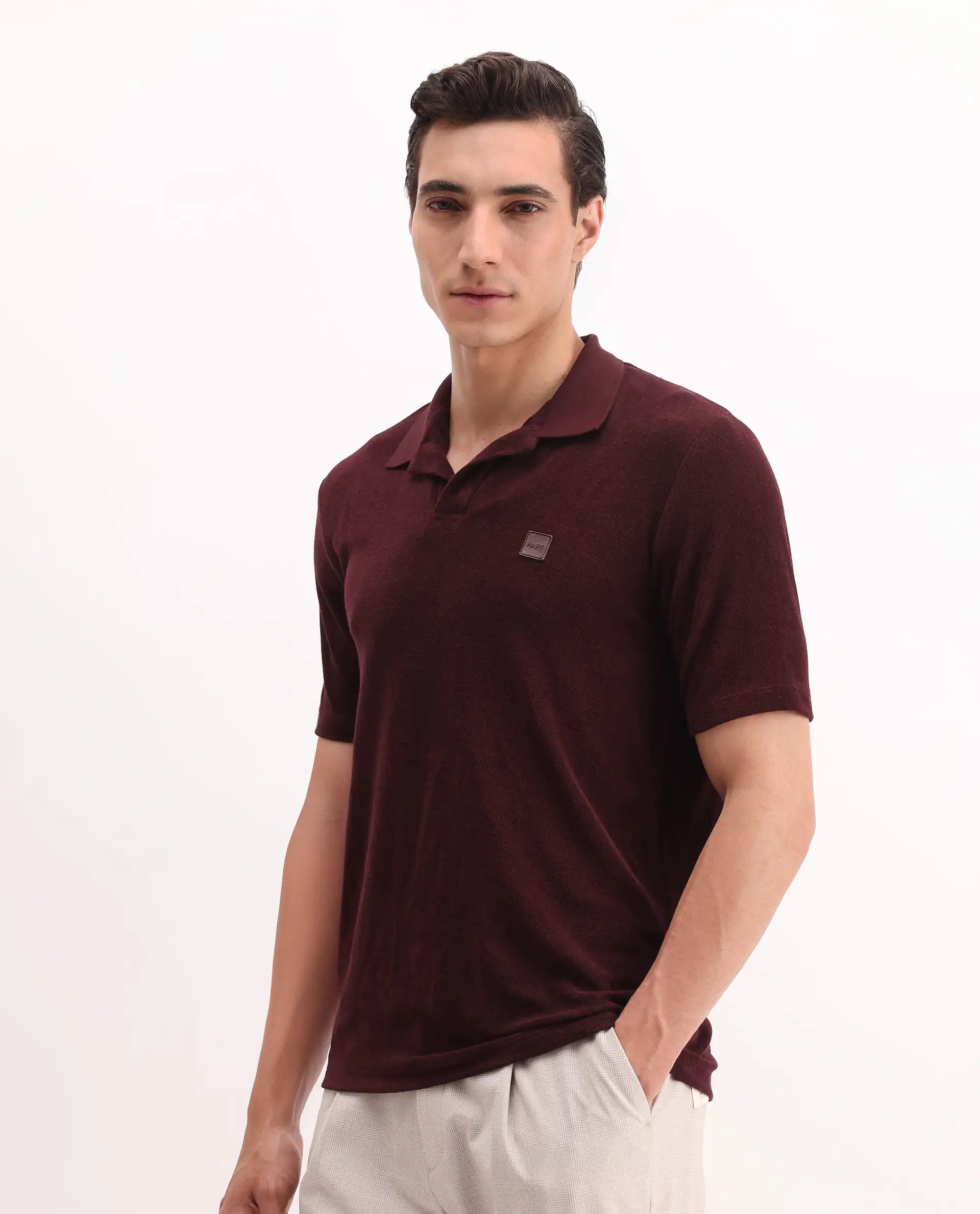 Rare Rabbit Men's Merk Dark Maroon Cotton Textured Regular Fit Half Sleeve Polo