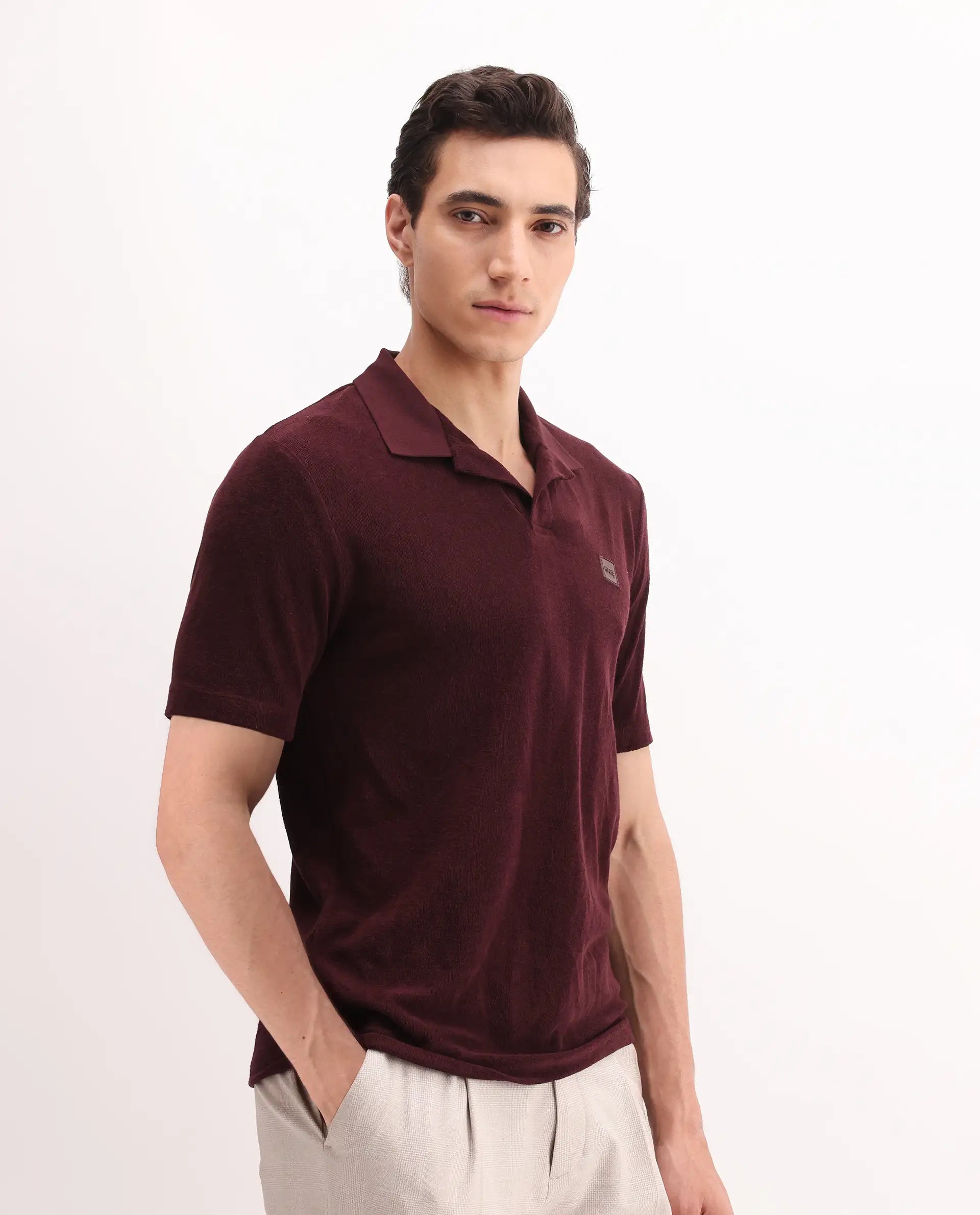 Rare Rabbit Men's Merk Dark Maroon Cotton Textured Regular Fit Half Sleeve Polo