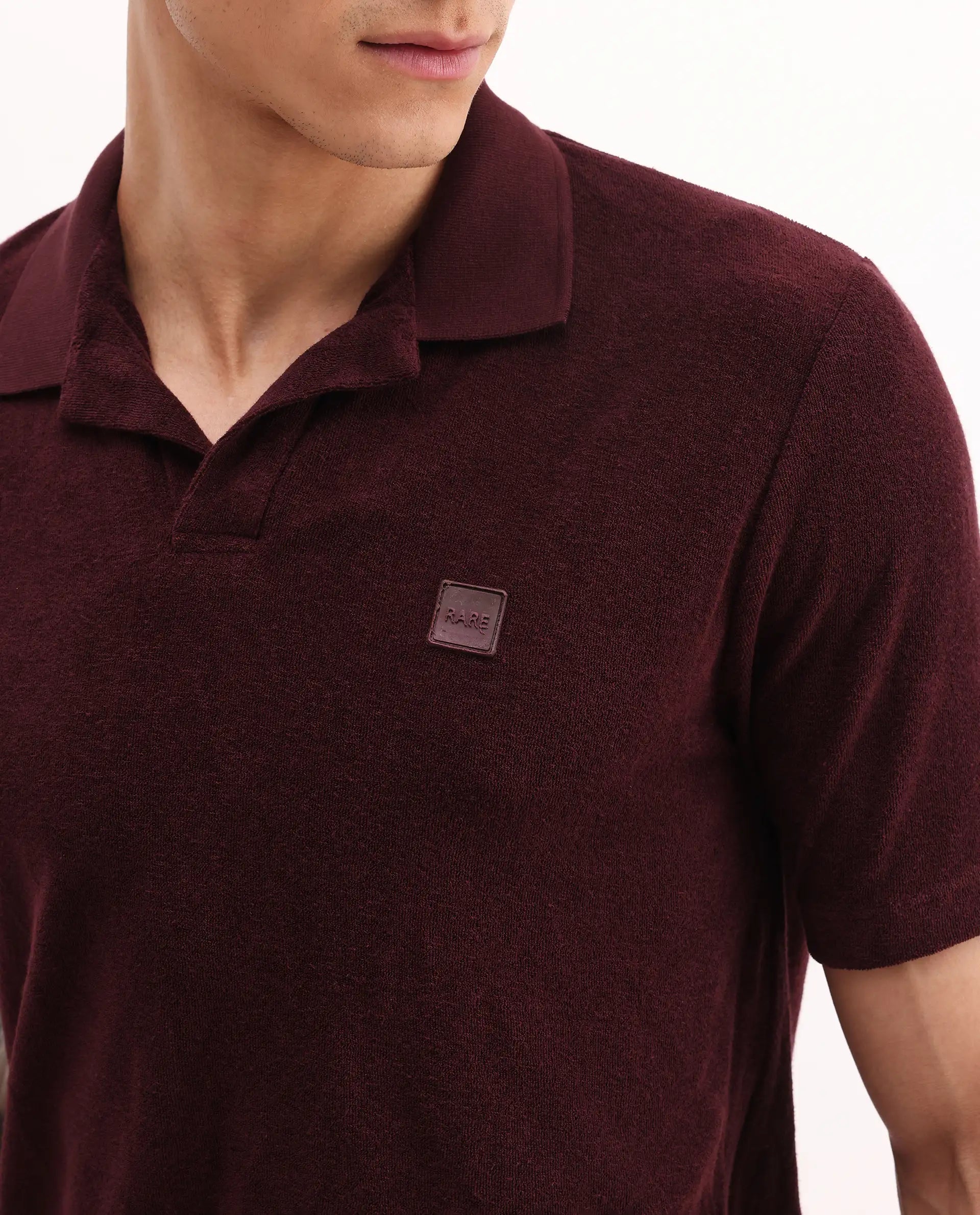 Rare Rabbit Men's Merk Dark Maroon Cotton Textured Regular Fit Half Sleeve Polo