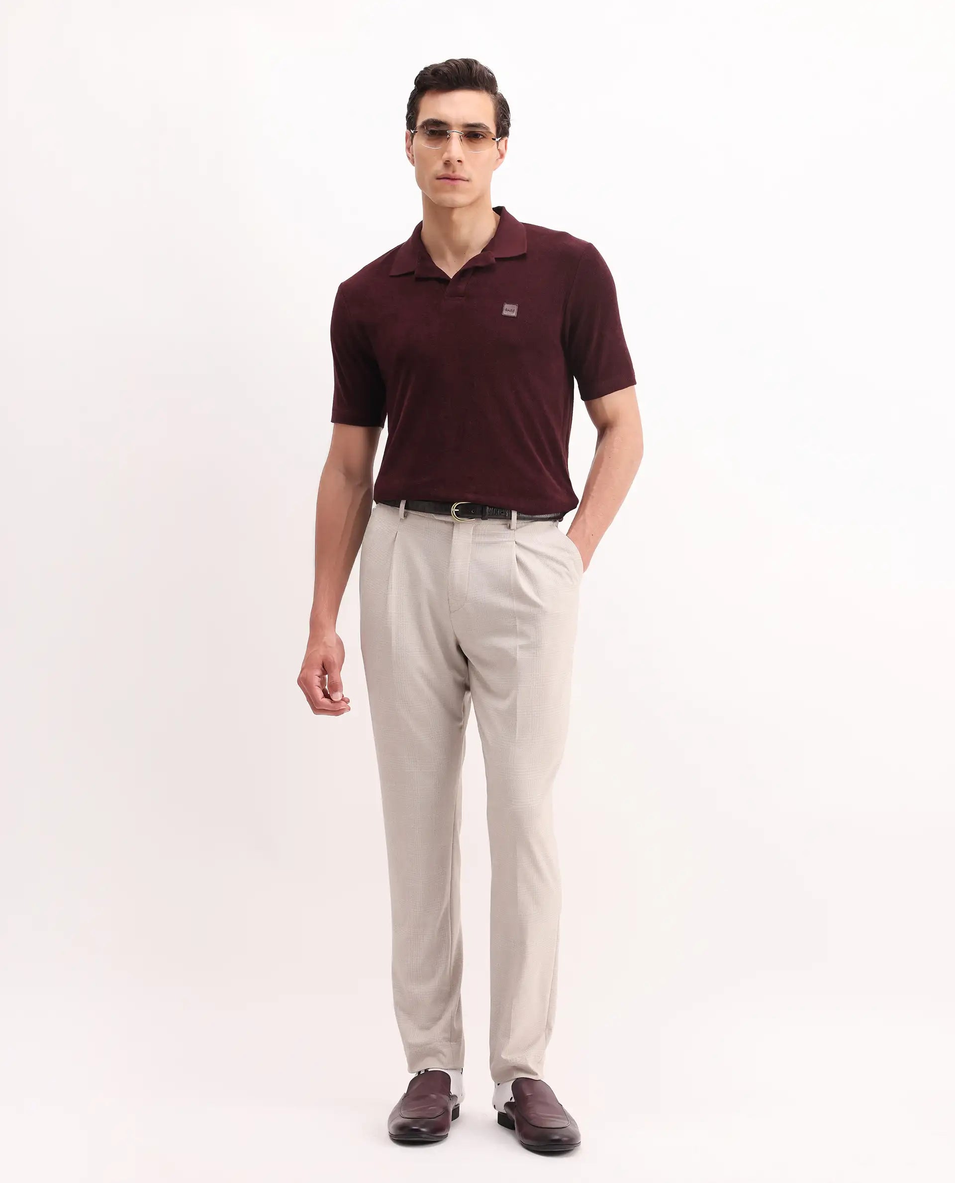 Rare Rabbit Men's Merk Dark Maroon Cotton Textured Regular Fit Half Sleeve Polo