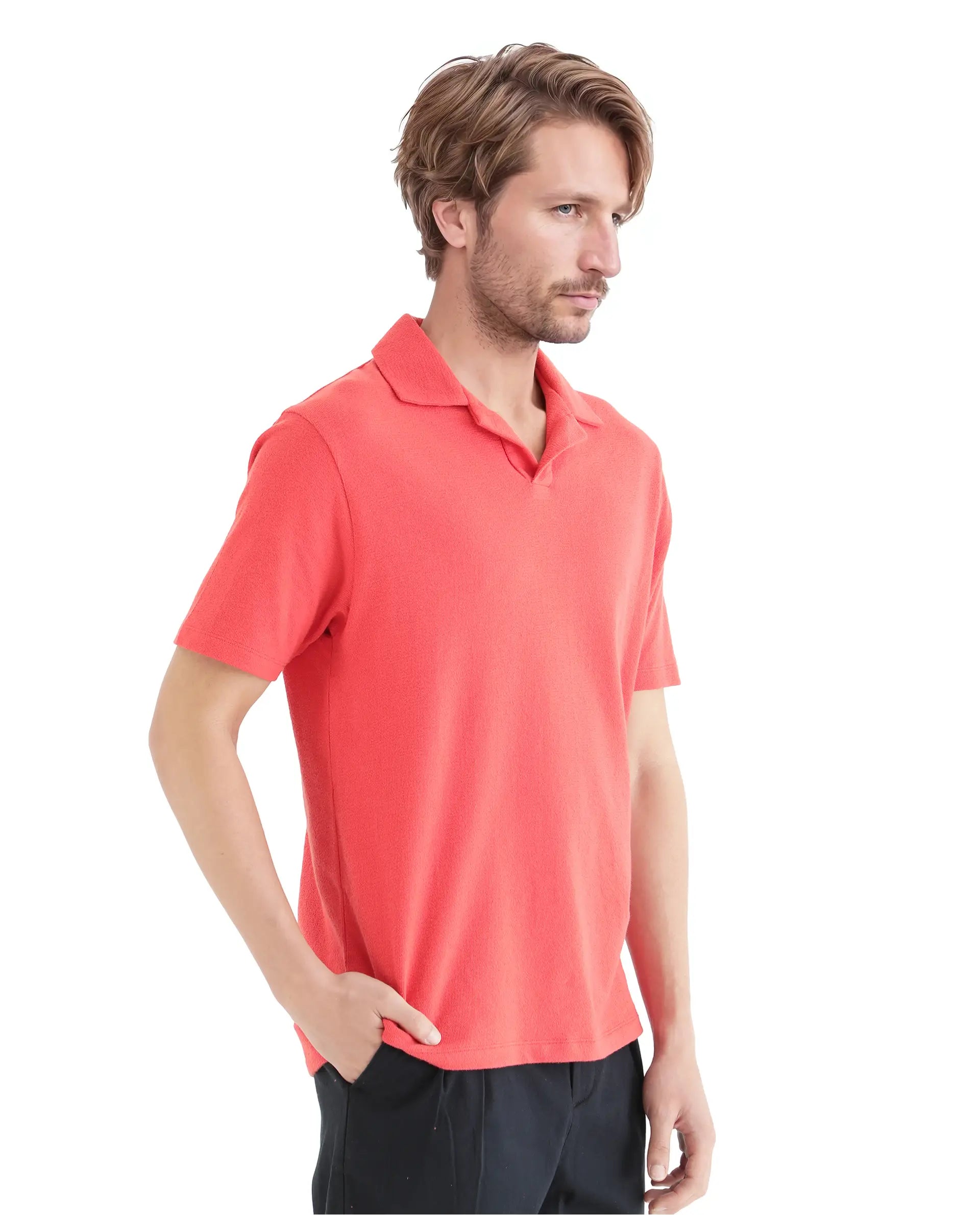 Rare Rabbit Men Merko Dark Orange Cotton Fabric Short Sleeve Collared Neck Button Closure Plain Polo
