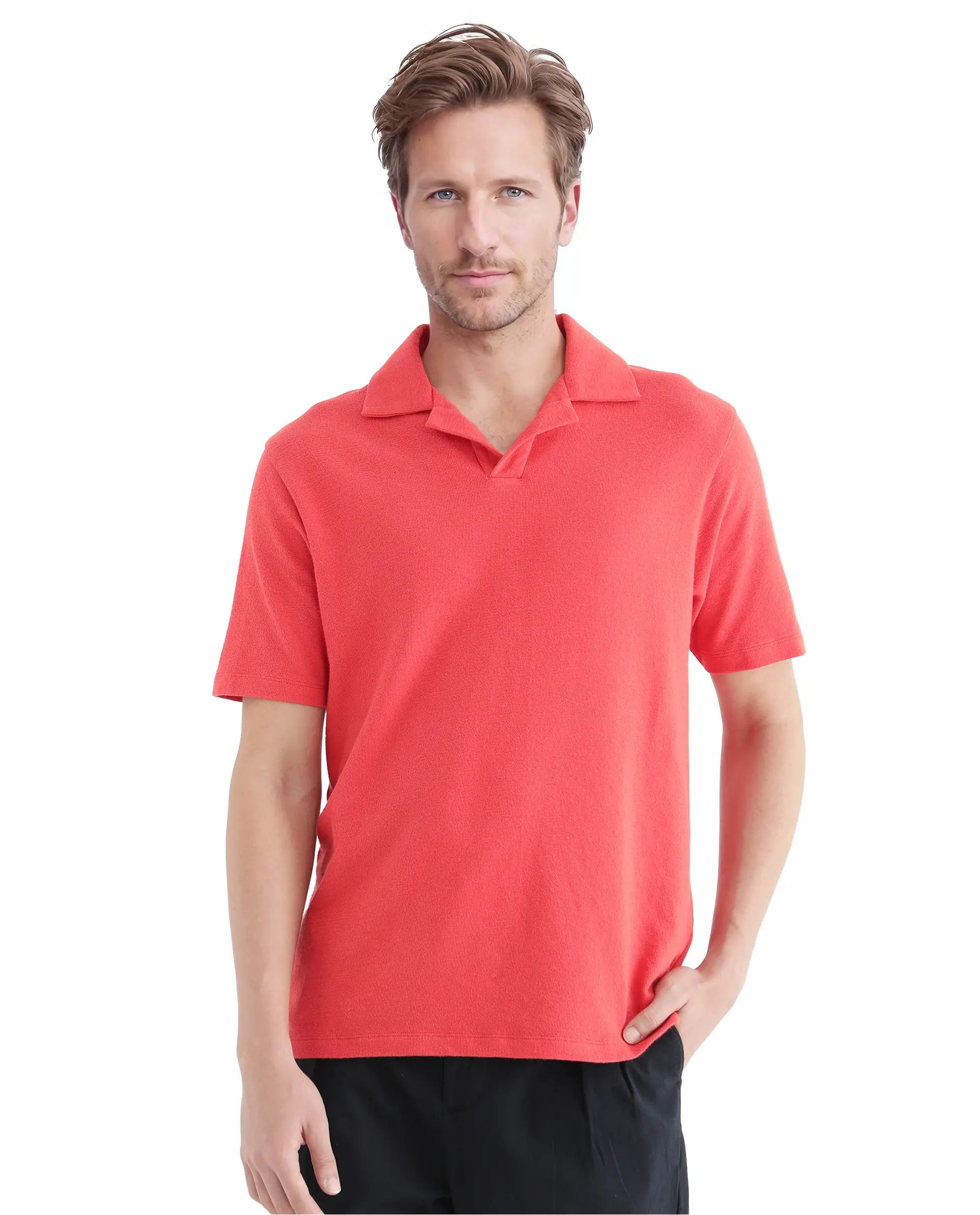 Rare Rabbit Men Merko Dark Orange Cotton Fabric Short Sleeve Collared Neck Button Closure Plain Polo