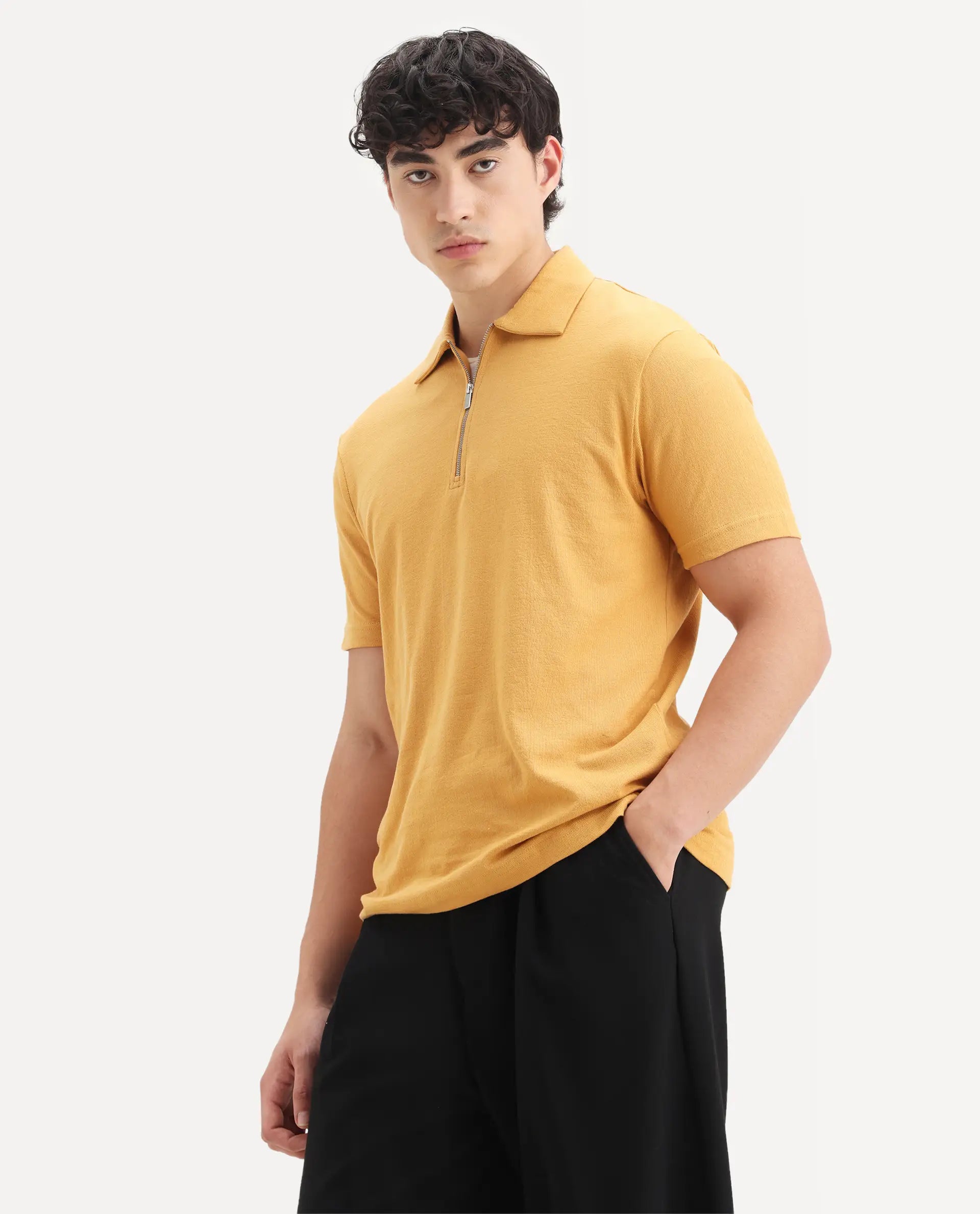 Rare Rabbit Men's Merkof Mustard Cotton Plain Regular Fit Half Sleeve Polo