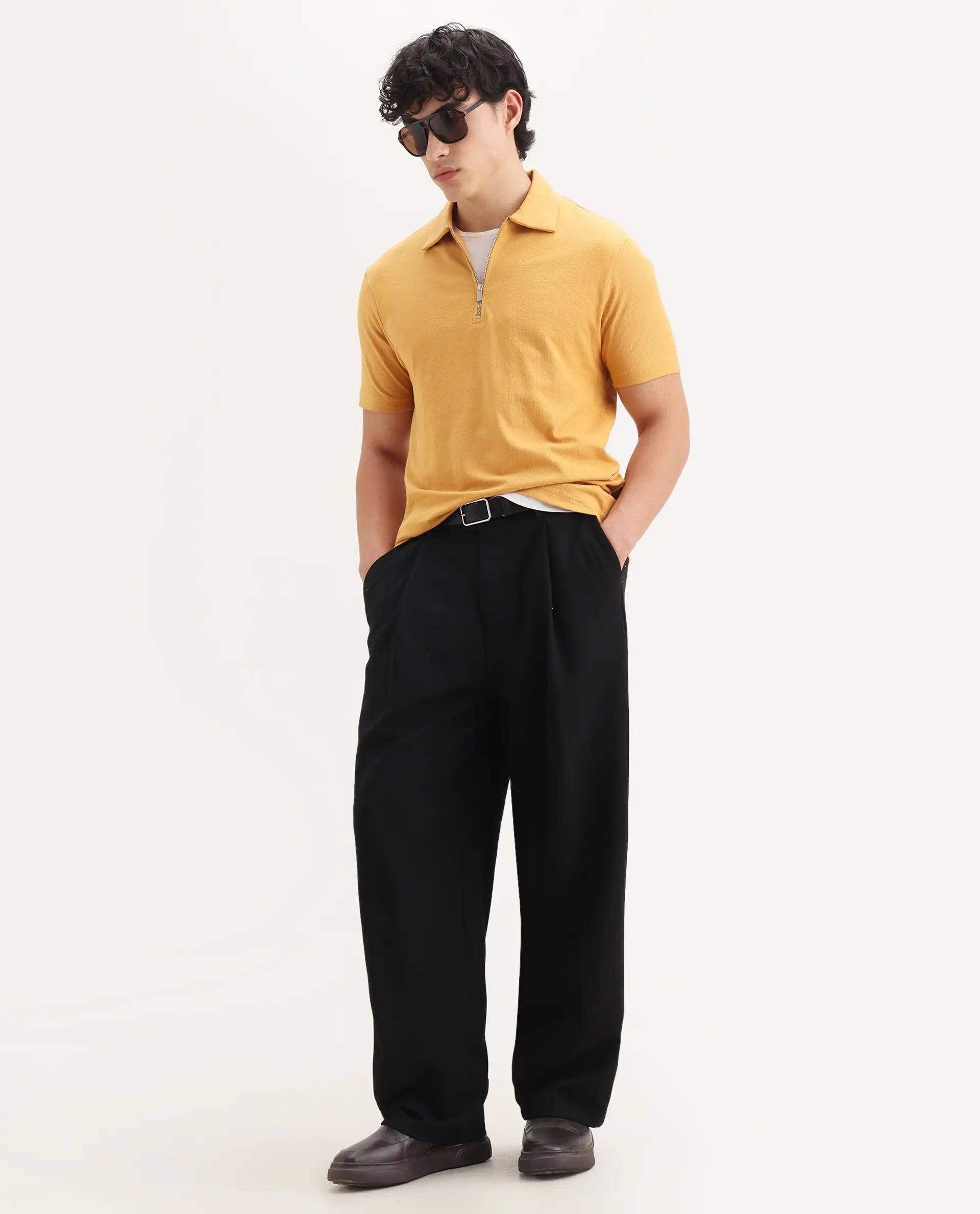 Rare Rabbit Men's Merkof Mustard Cotton Plain Regular Fit Half Sleeve Polo