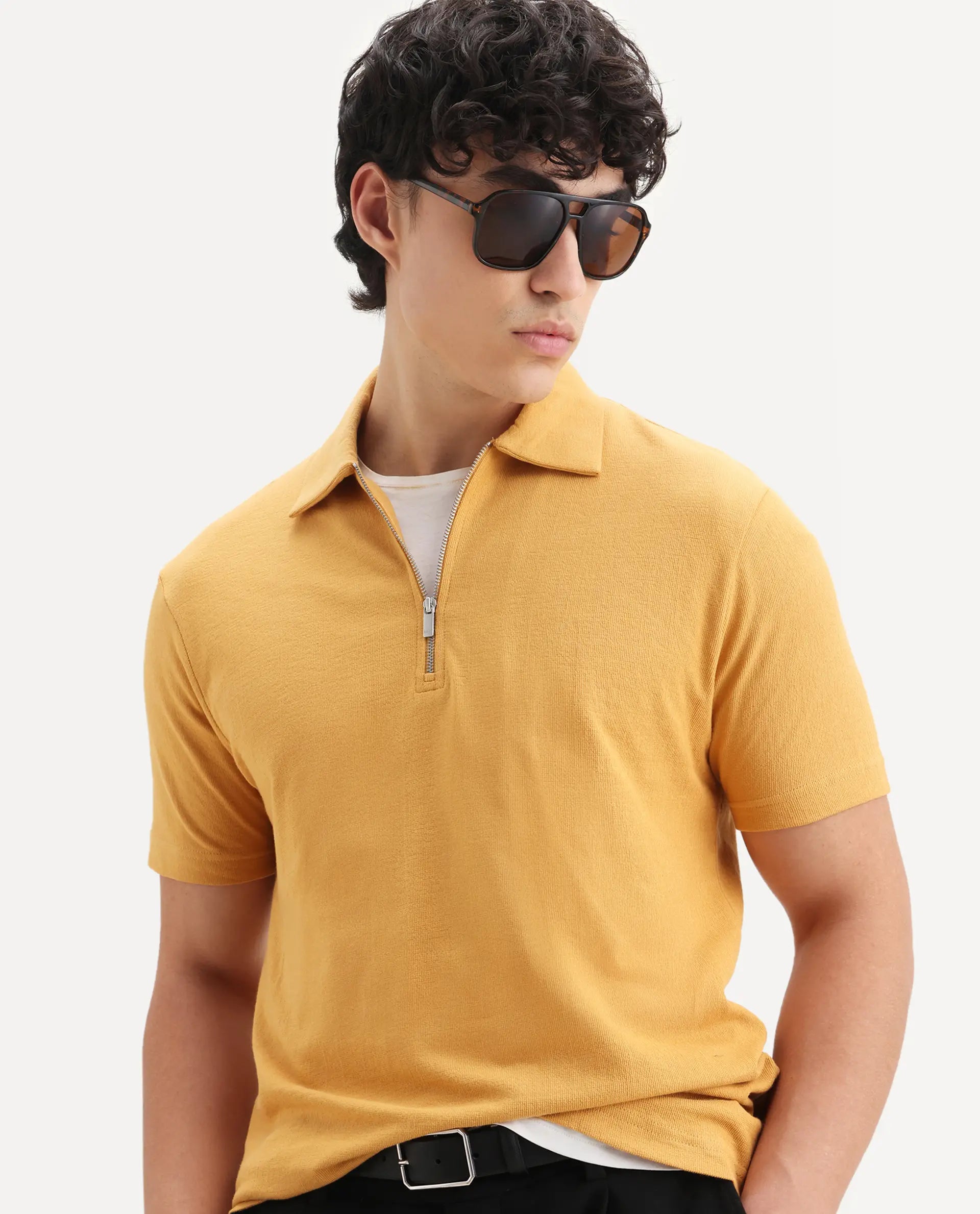 Rare Rabbit Men's Merkof Mustard Cotton Plain Regular Fit Half Sleeve Polo