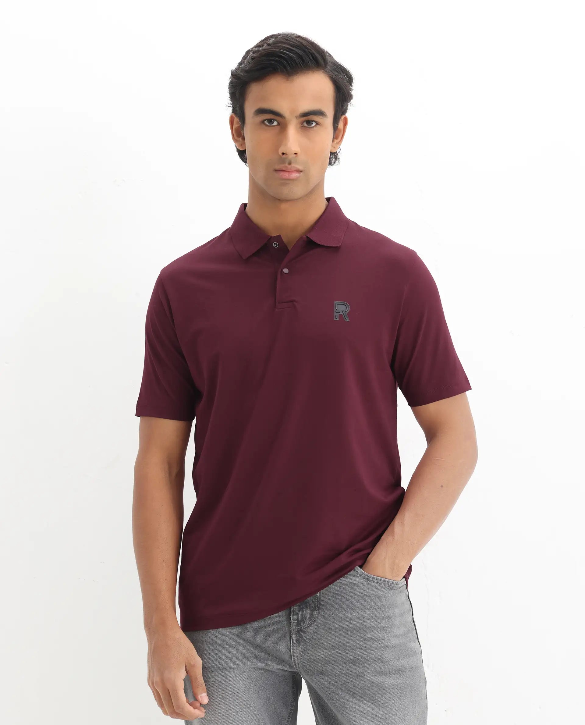 Rare Rabbit Men's Merko Maroon Cotton Plain Regular Fit Half Sleeve Polo
