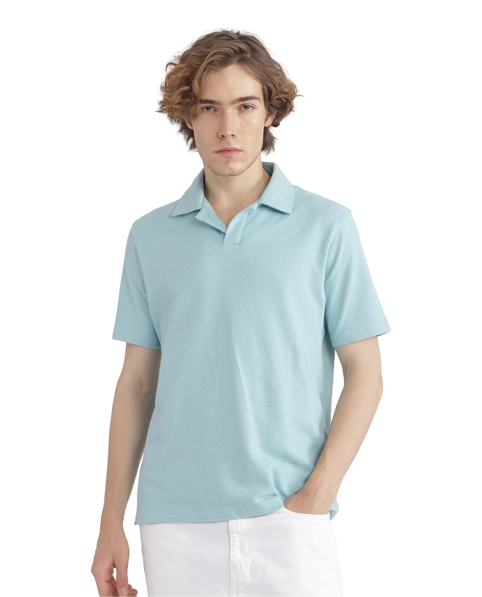 Rare Rabbit Men Merko Turq Cotton Fabric Short Sleeve Collared Neck Button Closure Plain Polo